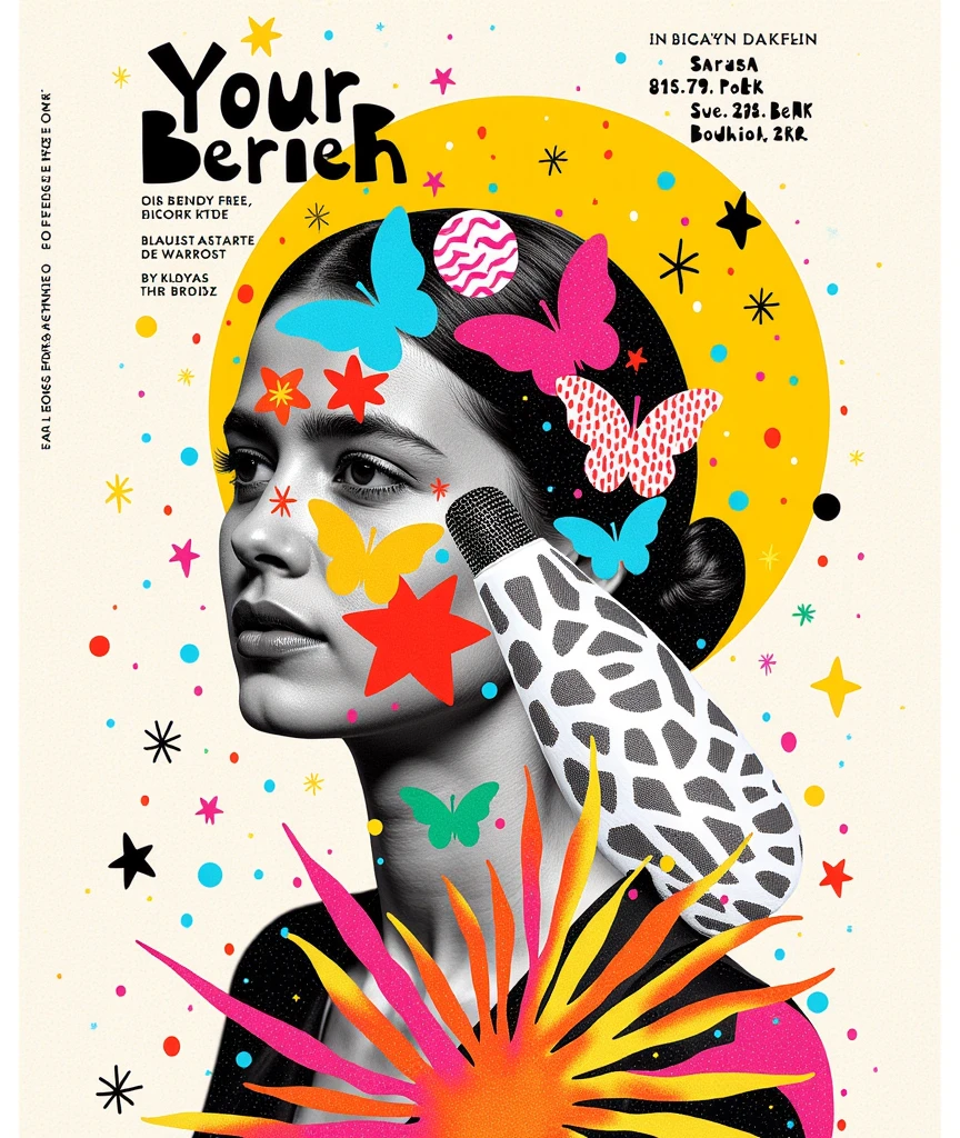 Collage_Art, Vivid and whimsical poster for a music festival, featuring an artistic representation of human features with elements **** stars, butterflies, microphones, suns, and giraffes