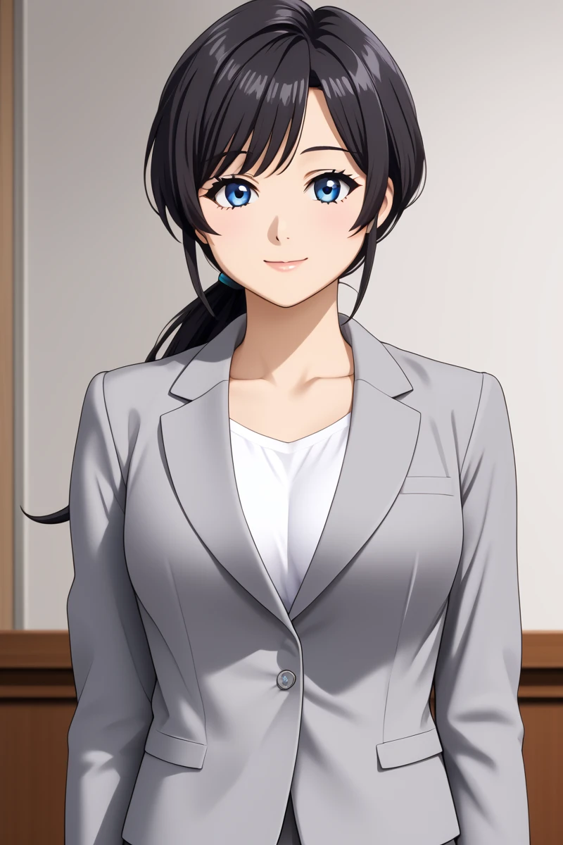 ameku mazuru, 1girl, solo, long hair, looking at viewer, smile, bangs, blue eyes, skirt,hotel lobby, shirt, black hair, long sleeves, jewelry, closed mouth, standing, jacket, cowboy shot, white shirt, low ponytail, miniskirt, formal, suit,  grey skirt, pencil skirt, grey jacket, office lady, skirt suit, large breast, collarbone,  <lora:HandFixer_pdxl_Incrs_v1:1> make up, <lora:Ameku_Mazuru_ATSK_Pony:1> young-adult, bare thigh, anime coloring, long hair, big eyes, kishida mel,