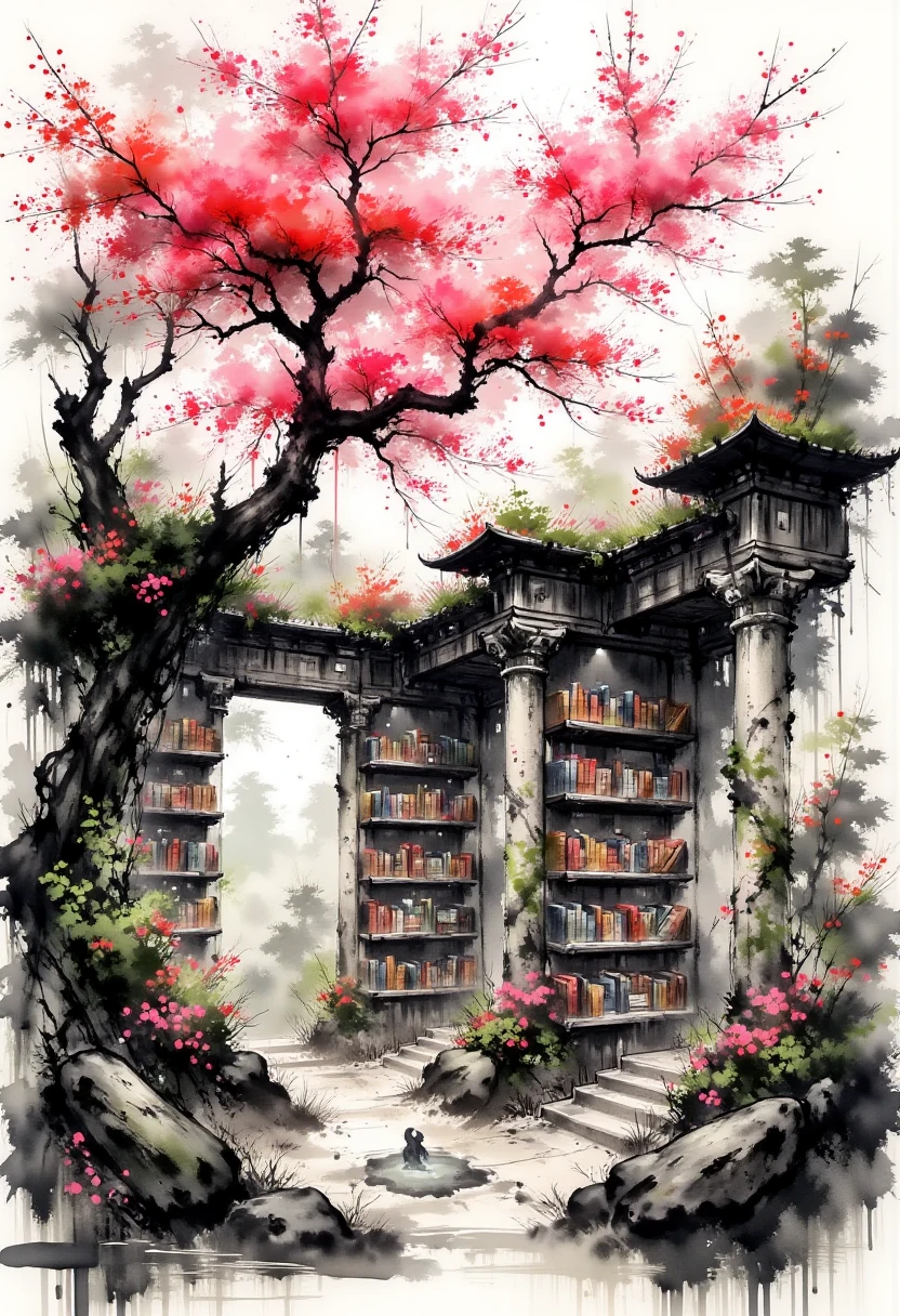 A hidden, overgrown library rests beneath the canopy of a sprawling cherry blossom tree in full bloom. Ink-brushed stone pillars, crumbling with age, hold up fragments of the structure’s once-magnificent roof, now covered in moss and vibrant watercolor flowers. Bookshelves carved into the walls of the ruins remain intact, their books weathered but glowing faintly with magical symbols. Pink and red blossoms drift lazily through the air, some settling on the shallow pool of water that mirrors the tree’s beauty above. In the background, ink-detailed forest shadows blend into a soft watercolor haze, adding depth to the ancient, forgotten scene.
