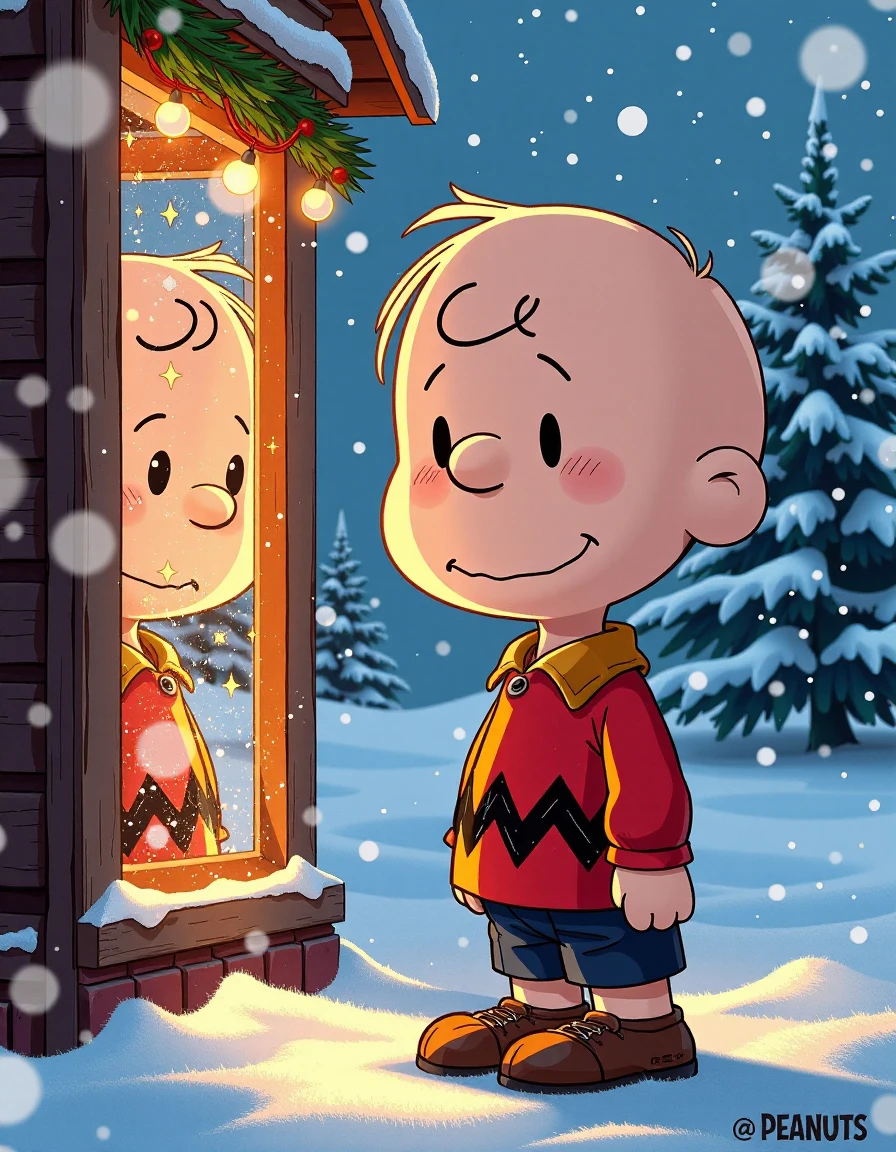 Charlie Brown from Peanuts is reimagined with confident eyes, his reflection sparkling against a snowy Christmas backdrop. The style is influenced by Yoshitaka Amano, Edwin Landseer, Ismail Inceoglu, Russ Mills, Victo Ngai and Bella Kotak, and combines hyper-detailed anime aesthetics with complex watercolor textures. Rendered in 8K HDR DSLR quality, ultra-detailed, with sharp focus and rich color depth. Designed as a high-impact anime wallpaper, trending on ArtStation and with the clarity of a studio photo. The complex details, combined with fantasy and surreal elements, create a captivating CGSociety-worthy work by Greg Rutkowski - ar 16:9 - in raw style., raw, masterpiece, HDR, 8K, UHD, soft lighting, crisp, clear, cinematic lighting, highly detailed