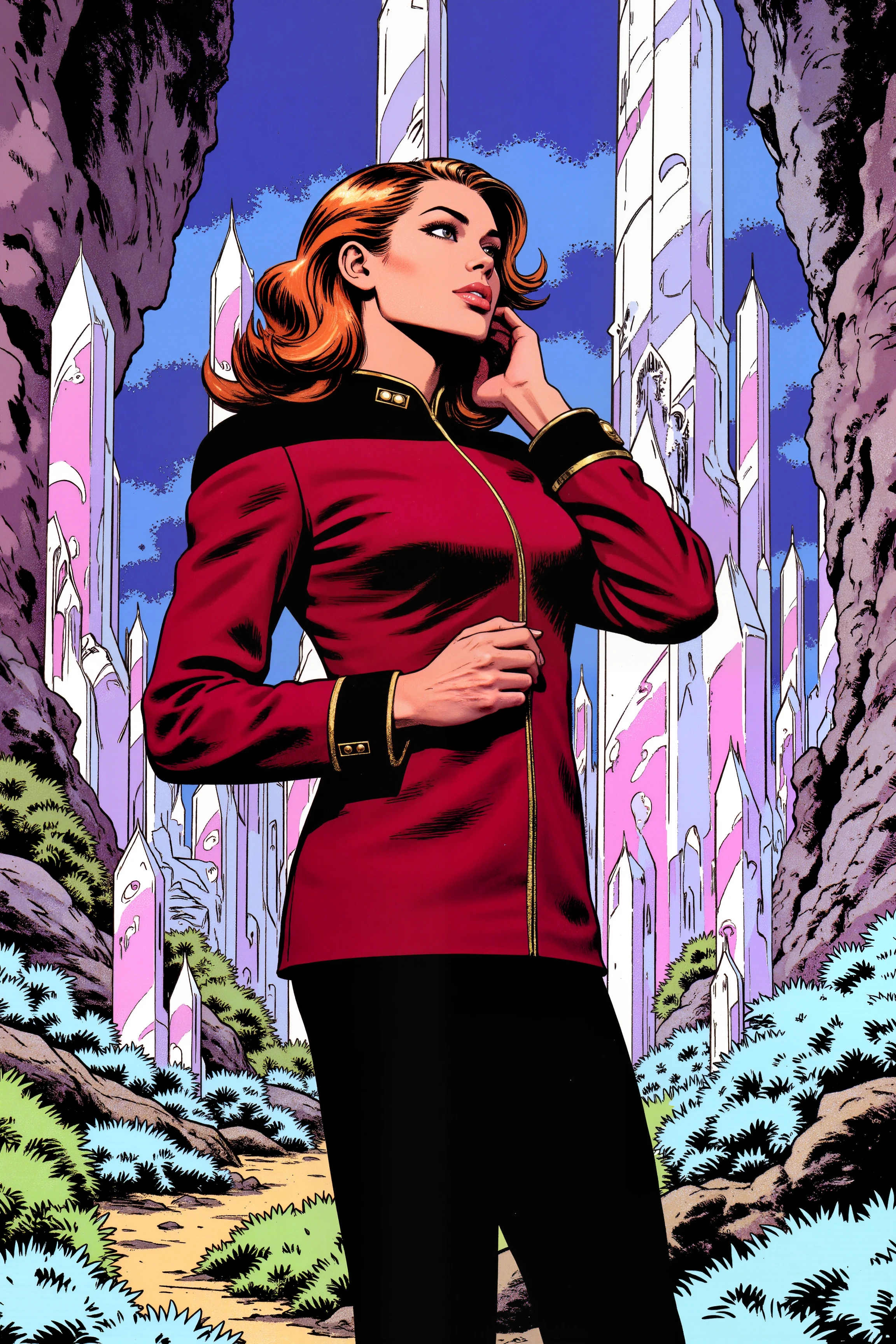 a woman in maroon TNGadm jacket with black shoulders and black pants standing with her hands up. A crystal garden stretches behind her, each formation growing in mathematically perfect patterns. , detailed background Fantastic lighting. Detailed shadows.intricate details, vivid colors, hyper-detailed, ultra-sharp,meiman_style,This is a retro comic book style digital illustration, <lora:å¤å¤ç¾æ¼«v2:0.4><lora:Vintage comic book:0.4><lora:RetroAnimeFluxV1:0.15><lora:Greg_Capullo_style:0.4><lora:jeanClaude_Mzires_Style_FLUX-000001:0.4><lora:Flux_Ink_Anime:0.4><lora:ST_TNG_ADMIRAL_FLUX>