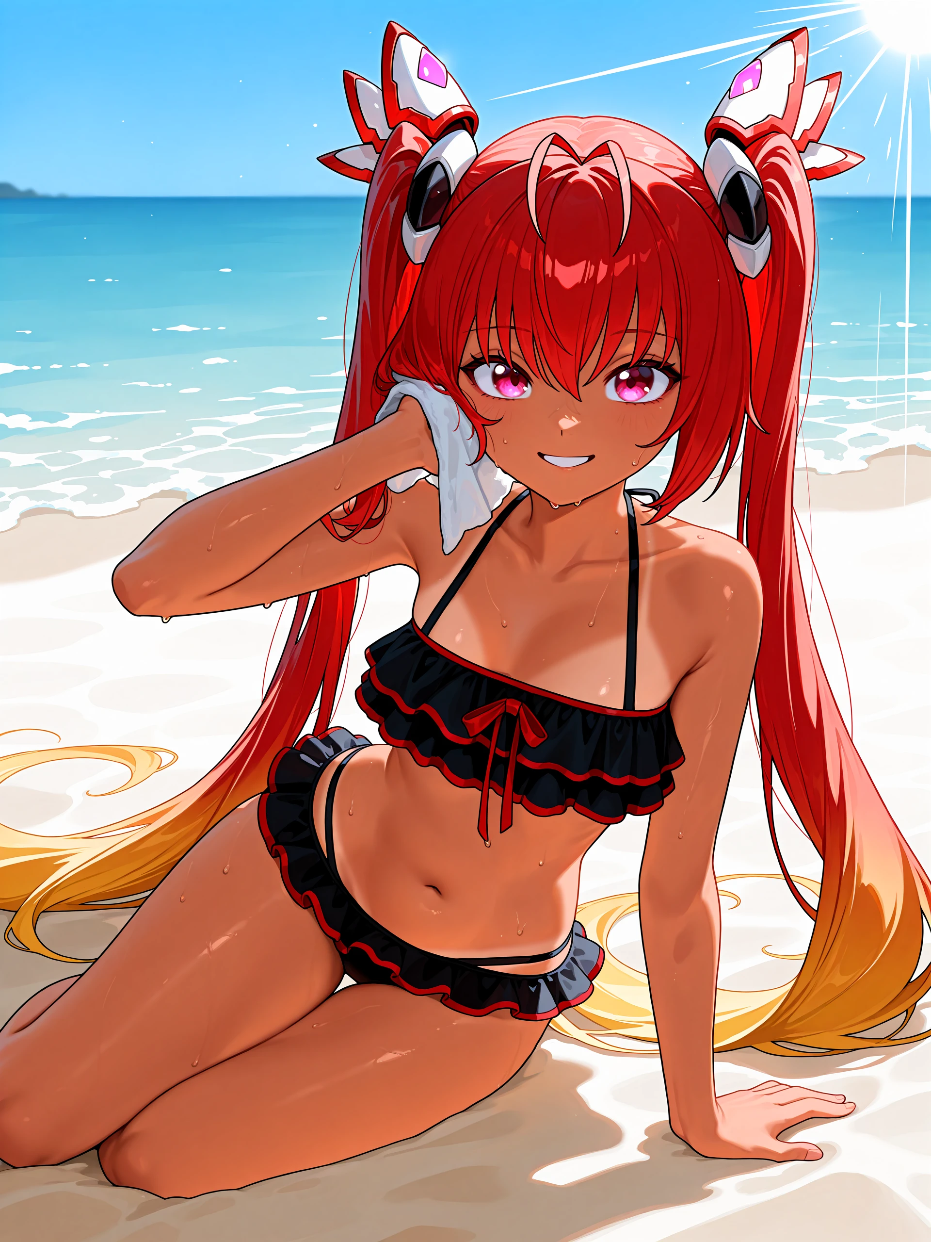 1girl, black sclera, red hair, long hair, ponytails, dragon girl, dragon horns, black horns, orange eyes, partially submerged, sky, sitting, beach, palm tree, bikini,