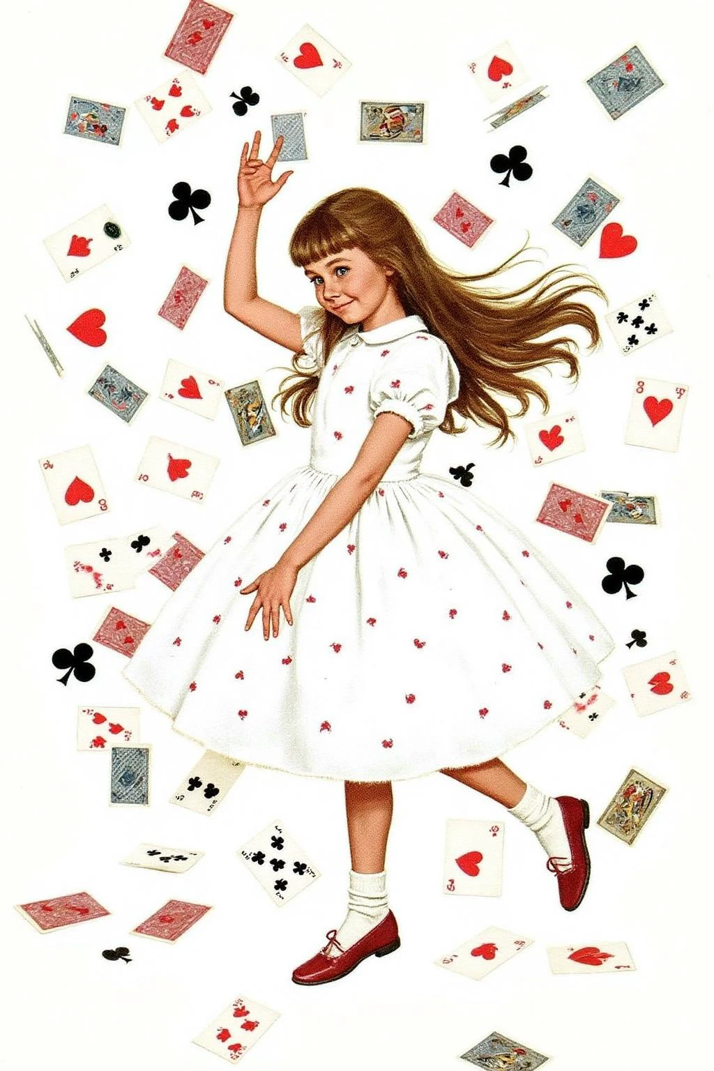 kard1 illustration. 
A scene from  "Alice's Adventures in Wonderland." The central figure is a young girl, Alice, with long, flowing brown hair, wearing a white dress adorned with small red flowers. She appears to be in mid-motion, as suggested by her raised arms and the scattered playing cards flying around her. The cards are a mix of hearts, diamonds, clubs, and spades, which are depicted in a chaotic, swirling pattern around her, adding to the sense of disarray and wonder.  <lora:kard1_cap_d6a3:1.0><lora:816587559447622686:0>