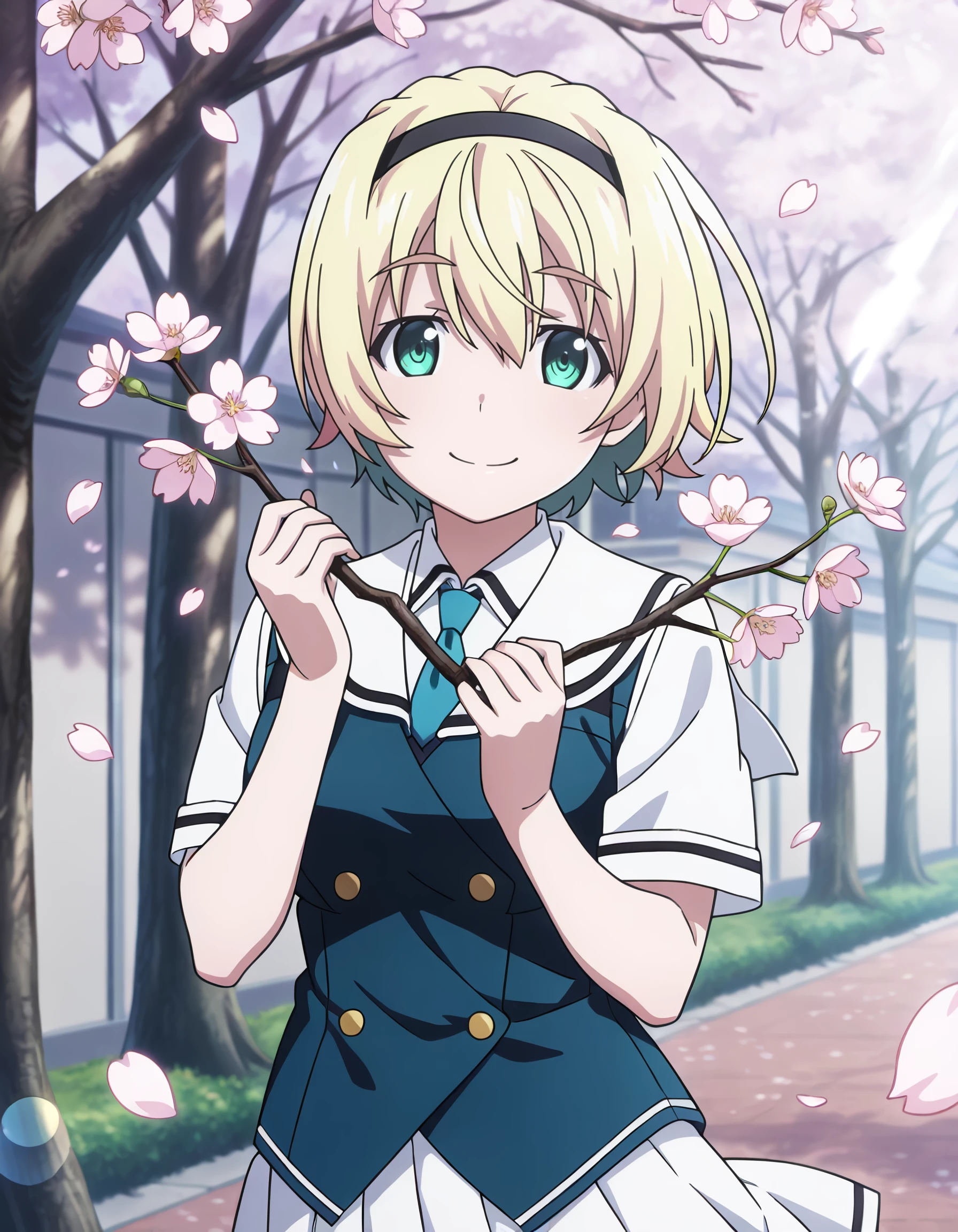 <lora:sakurako_kujirase_IL:1> rating:safe, sakurako_kujirase, short_hair, hairband, blonde_hair, hair_between_eyes, green_eyes, aqua_eyes, school_uniform, collared_shirt, white_shirt, blue_necktie, vest, short_sleeves, pleated_skirt, white_skirt, black_pantyhose, black_footwear, 1girl, blurry, blurry_background, branch, cherry_blossoms, closed_mouth, hands_up, holding, holding_branch, looking_at_viewer, outdoors, petals, smile, solo, upper_body, lens_flare, floating_hair, floating_clothes, masterpiece, detailed, best_quality