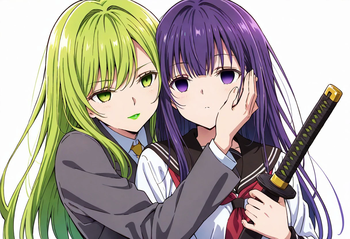 anime, two females, empty eyes, hypnotized, expressionless, blank expression, lipstick, red lipstick, yellow lipstick, green lipstick, blue lipstick, purple lipstick, black lipstick, long hair, colorful hair, hugging from behind, hug, hand on cheeks, holding head with both hands, caressing cheeks, iaidou, weapon, katana, holding sword, ready to draw, sheathed, unsheathing, scabbard, close up