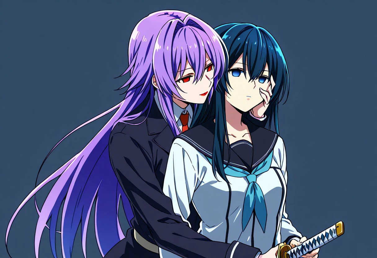 anime, two females, empty eyes, hypnotized, expressionless, blank expression, lipstick, red lipstick, yellow lipstick, green lipstick, blue lipstick, purple lipstick, black lipstick, long hair, colorful hair, hugging from behind, hug, hand on cheeks, holding head with both hands, caressing cheeks, iaidou, weapon, katana, holding sword, ready to draw, sheathed, unsheathing, scabbard, close up