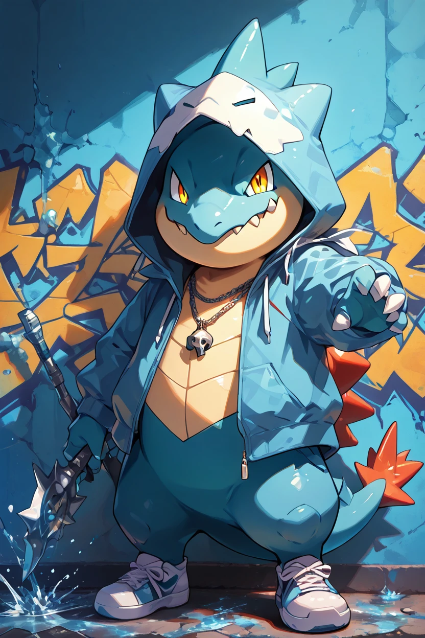 masterpiece, best quality,  zzferaligatr, claws, yellow eyes, sharp teeth, <lora:FeraligatrPokedexIXL:1.0>, solo, looking at viewer, glowing yellow eyes, sharp teeth bared, long sleeves, standing, jacket, full body, open clothes, hood, no humans, hoodie, sneakers, hooded jacket, hood up, zipper, zipper pull tab, graffiti, water splashes, chain necklace, glowing claw tips  ,<lora:PunkPokemonIXL:1.0>,