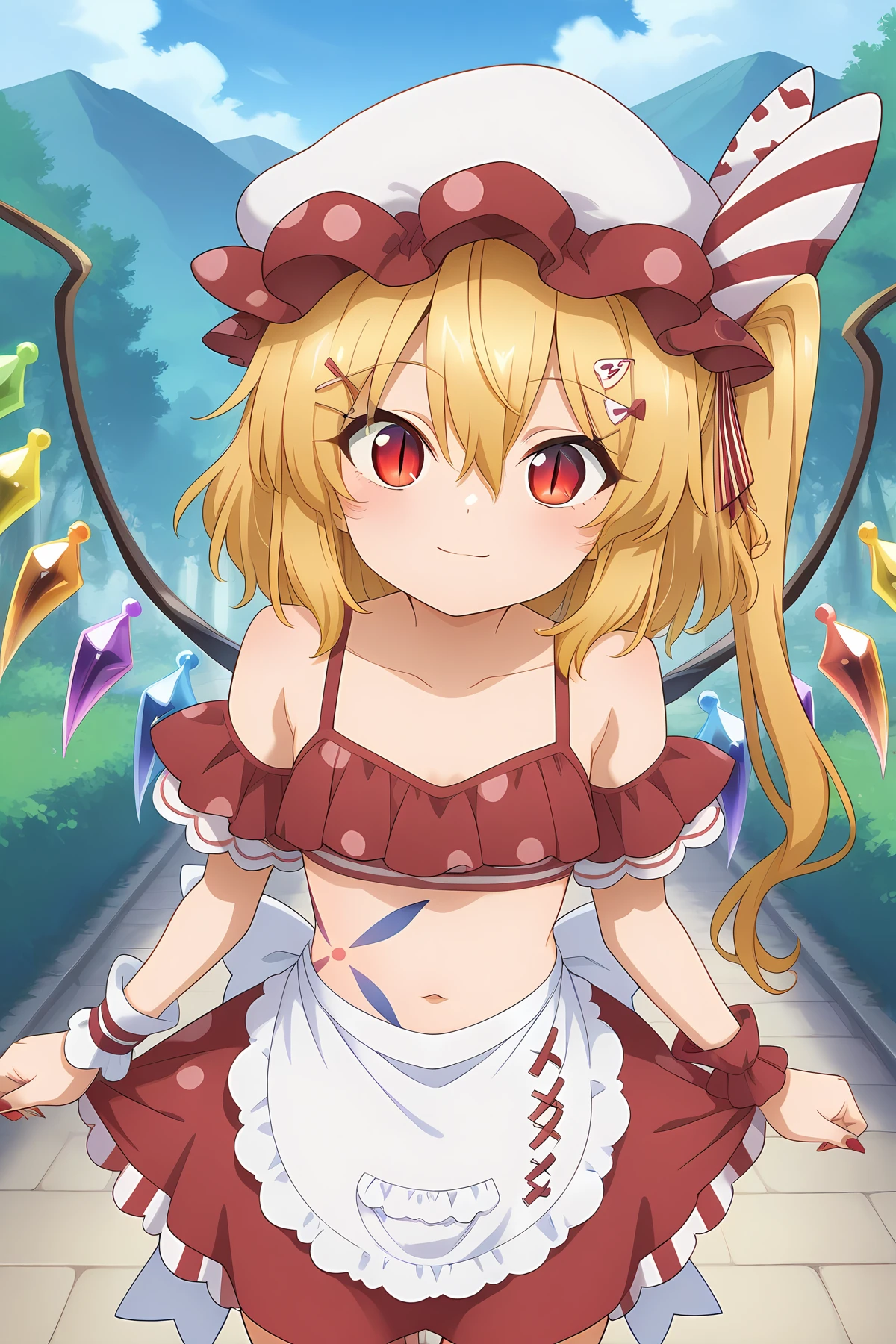 absurdres, highres, masterpiece, best quality, amazing quality, looking at viewer, light smile, outside, official anime artwork, screencap, anime screencap,
<lora:Internet_Survivor_Illustrious:1> internet survivor, alternate costume, polka dot, waist apron, midriff, striped socks, red skirt, mob cap, hat, bra, puffy bra, stripped bra, tattoo,
<lora:Flandre-Scarlet_Illustrious:1> flandre scarlet, blonde hair, side ponytail, red eyes, hair bow, red bow, hair between eyes, slit pupils, white headwear,wings, crystal, crystal wings,
