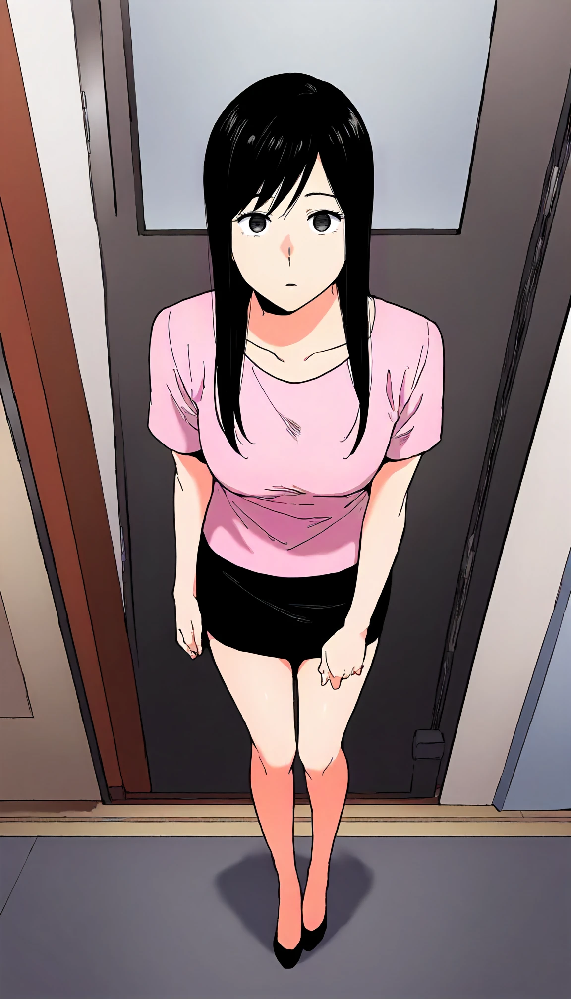 <lora:KZ_iida_rihoXLIllustrious003>,
masterpiece,best quality,good quality,newest,
detailed background,glitter,
looking at viewer,
anime coloring,
solo,
iida_riho\(karami_zakari\),1girl,black hair,long hair,black eyes,
pink shirt,t-shirt,short sleeves,
black skirt,pencil skirt,miniskirt,
full body,standing,