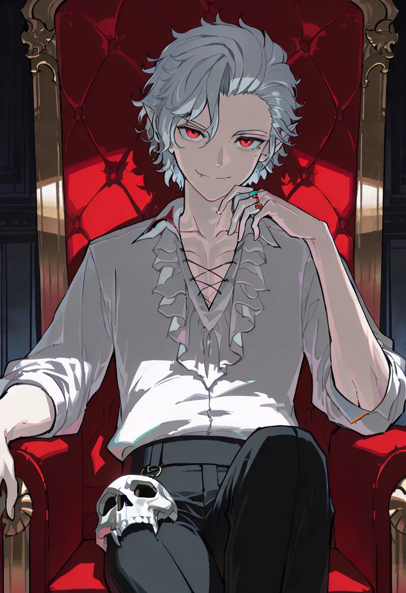 astarion, red eyes, 1boy, male focus, vampire, pointy ears, solo,  fangs, mole, sitting, skull, smile, ring, looking at viewer, grey hair, throne, pants, shirt, asteroid ill