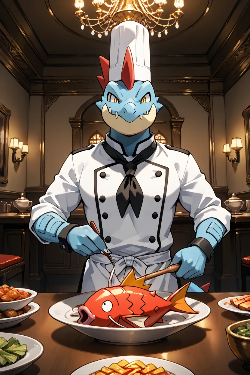 masterpiece, best quality, 32k, high resolution, absurdres,  zzferaligatr, claws, yellow eyes, sharp teeth, standing in front of a lavish banquet table filled with colorful dishes, carving a roasted Magikarp with precision, wearing a tailored black chefâs uniform, golden accents on its cuffs, a massive chandelier illuminating the elegant dining hall   ,<lora:FeraligatrPokedexIXL:1.0>,