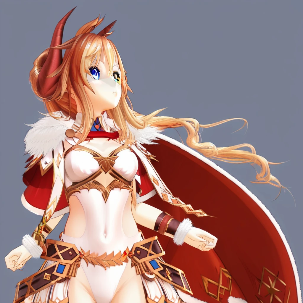 CtK_Alexander, blue eyes, horns, long hair, heterochromia, fur-trimmed cape,white leotard, ahoge, armor, wrist cuffs, gold trim, covered navel,