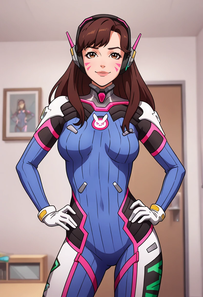 masterpiece, best quality, amazing quality, very aesthetic, intricate details, depth of field, cel shading, pinup, BREAK. 
indoors, inside, 
(looking at viewer:1.3), smug,
BREAK.
standing, contrapposto, hands on own hips, 
portrait, cowboy shot, front view, facing viewer, straight-on,
BREAK.
d.va \(overwatch\), 1girl, solo, brown eyes, brown hair, long hair, bangs, whisker markings, headphones, BREAK.
<lora:Castlevania(Netflix)_ILXL_Style_v1:1>