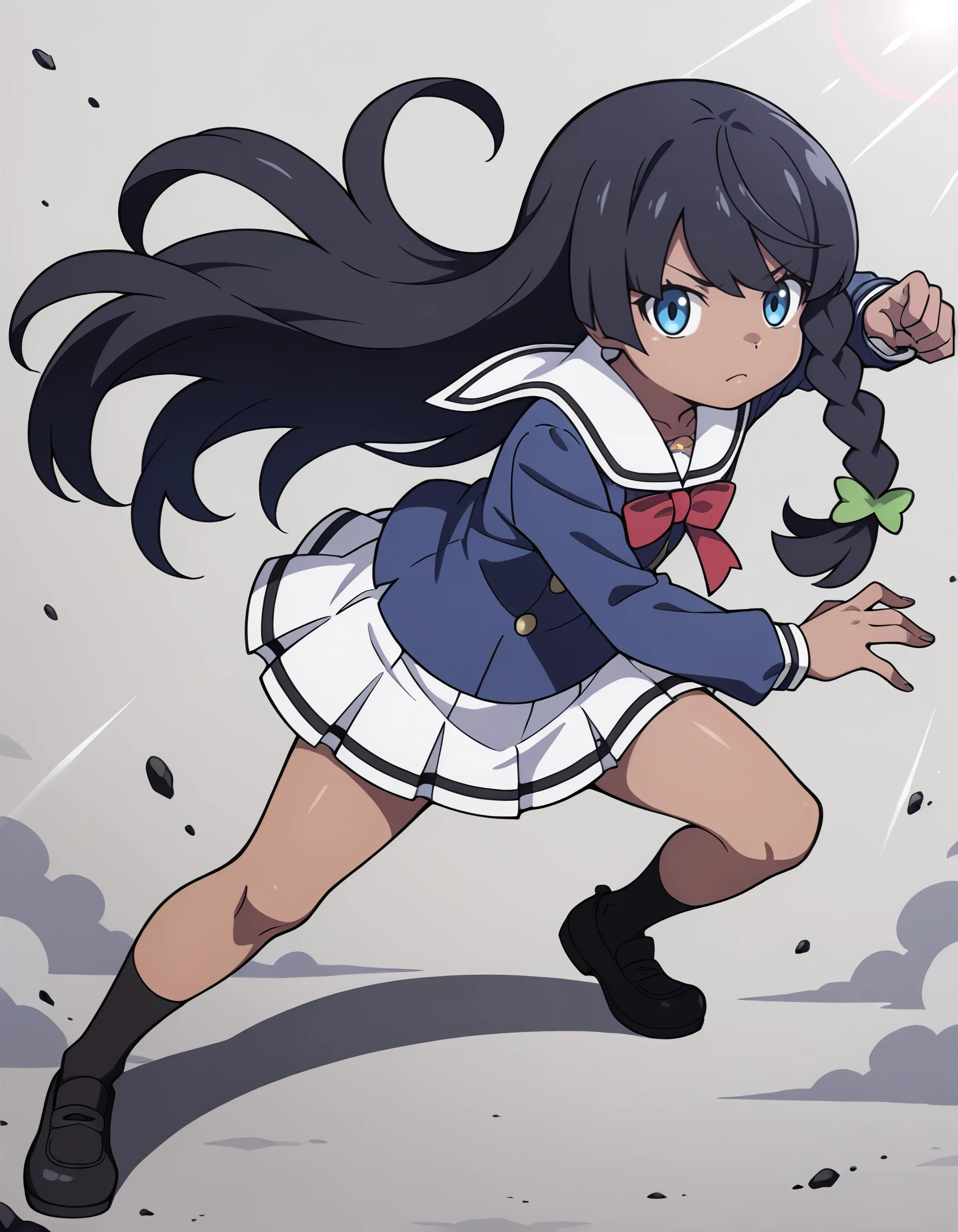 <lora:taiga_sengoku_IL:1> rating:safe, taiga_sengoku, flat_chest, dark_skin, long_hair, black_hair, single_braid, green_bow, hair_bow, blue_eyes, school_uniform, white_sailor_collar, blue_jacket, long_sleeves, red_bow, pleated_skirt, white_skirt, black_socks, black_footwear, 1girl, fighting_stance, frown, furry, furry_female, grey_background, looking_to_the_side, makeup, pokemon_\(creature\), purple_fur, solo, two-tone_fur, white_fur, lens_flare, floating_hair, floating_clothes, masterpiece, detailed, best_quality