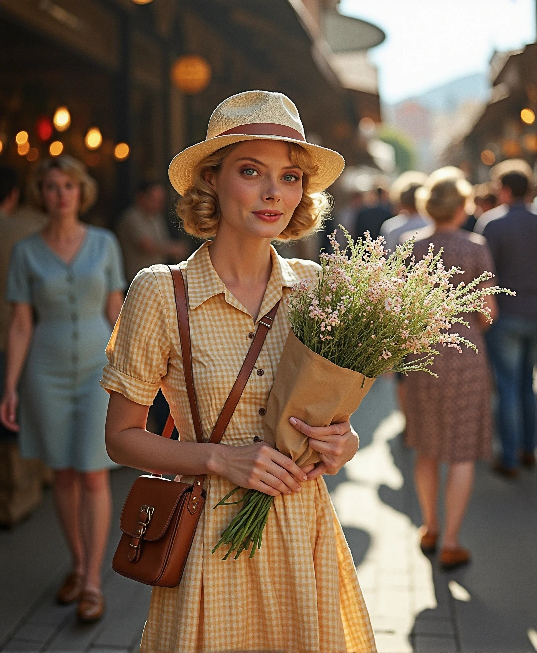 An analog photo of (sks woman:1), In the 1930s, She strolls through the bustling open-air market wearing a simple cotton dress in a soft gingham pattern. The dress has a buttoned bodice and a collared neckline, with short sleeves rolled up for a casual touch. Her leather crossbody satchel is slung over one shoulder, and sturdy brown loafers complete the look. A wide-brimmed straw hat shades her face, and she clutches a bouquet of wildflowers wrapped in brown paper, her cheeks glowing with the fresh morning air.