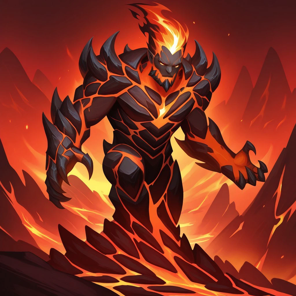 anime, anime style, best quality, masterpiece, 1boy, magma skin, magma, lava, fire hair, fire beard, FireelementalIL, fire(theme), rocks, monster, monster boy, FireelementalIL.V1-male