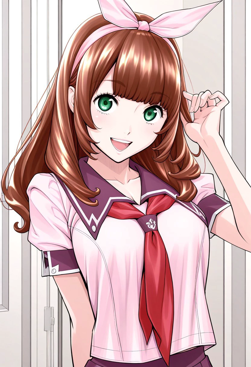 score_9, score_8_up, score_7_up, source_anime,(extremely detailed CG), (best quality),
chitose,1girl ,long hair,green eyes,brown  hair, hair bow, pink hairband,School uniform,Smile,from front,upper body, pink shirt, short sleeves, neckerchief, pleated skirt, looking at viewer, open mouth,