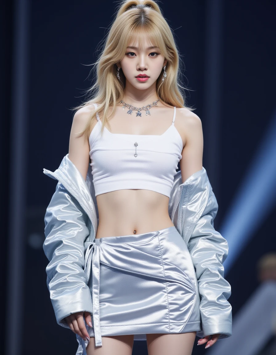 detailed photo of a young woman. from under  kpop girl posing sexy on stage. She has black long ponytail hair without bangs.  <lora:cw-easy-flux-000012:1> cweasy, silver jacket and skirt.   <lora:KimYeon-Flux:ung asian girl, skinny body, long blonde hair,