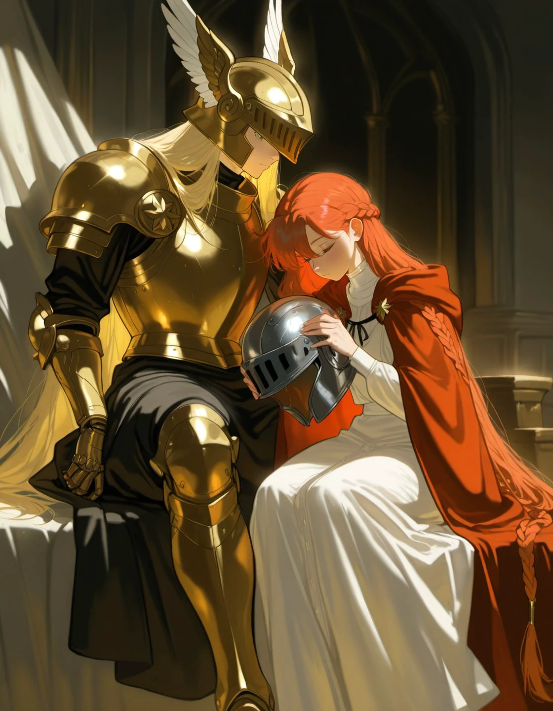 Malenia blade of Miquella from Elden Ring, Red hair, golden helmet, Sword, not visibles eyes, armor, red cape, sensual position. No background. Masterpiece, UHD