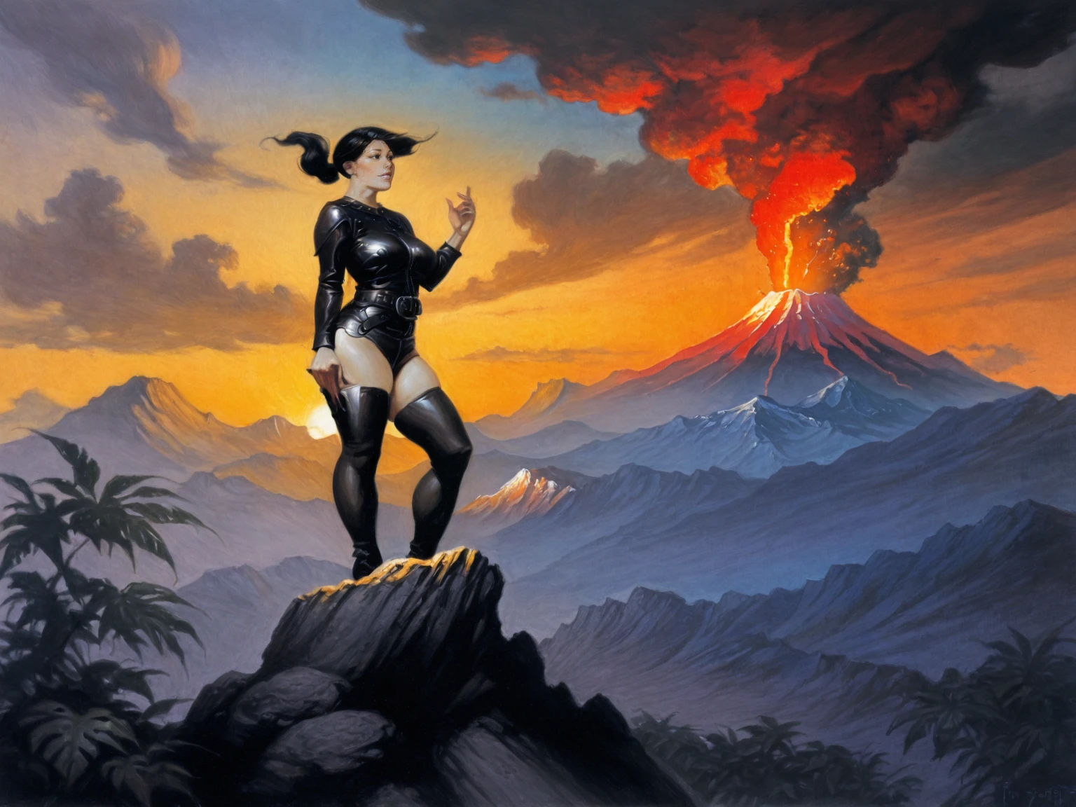 <lora:FrankFrazzetaXLV6:0.15>,
adult woman, mature, ponytail, black eyes, wind, standing on the mountain, large breasts, leather armor, thighhighs, jungle, sunrise, mountains, clouds, volcano,
, 5 fingers, <lora:FrankFrazettaIL_r2:0.7>, traditional media, realistic