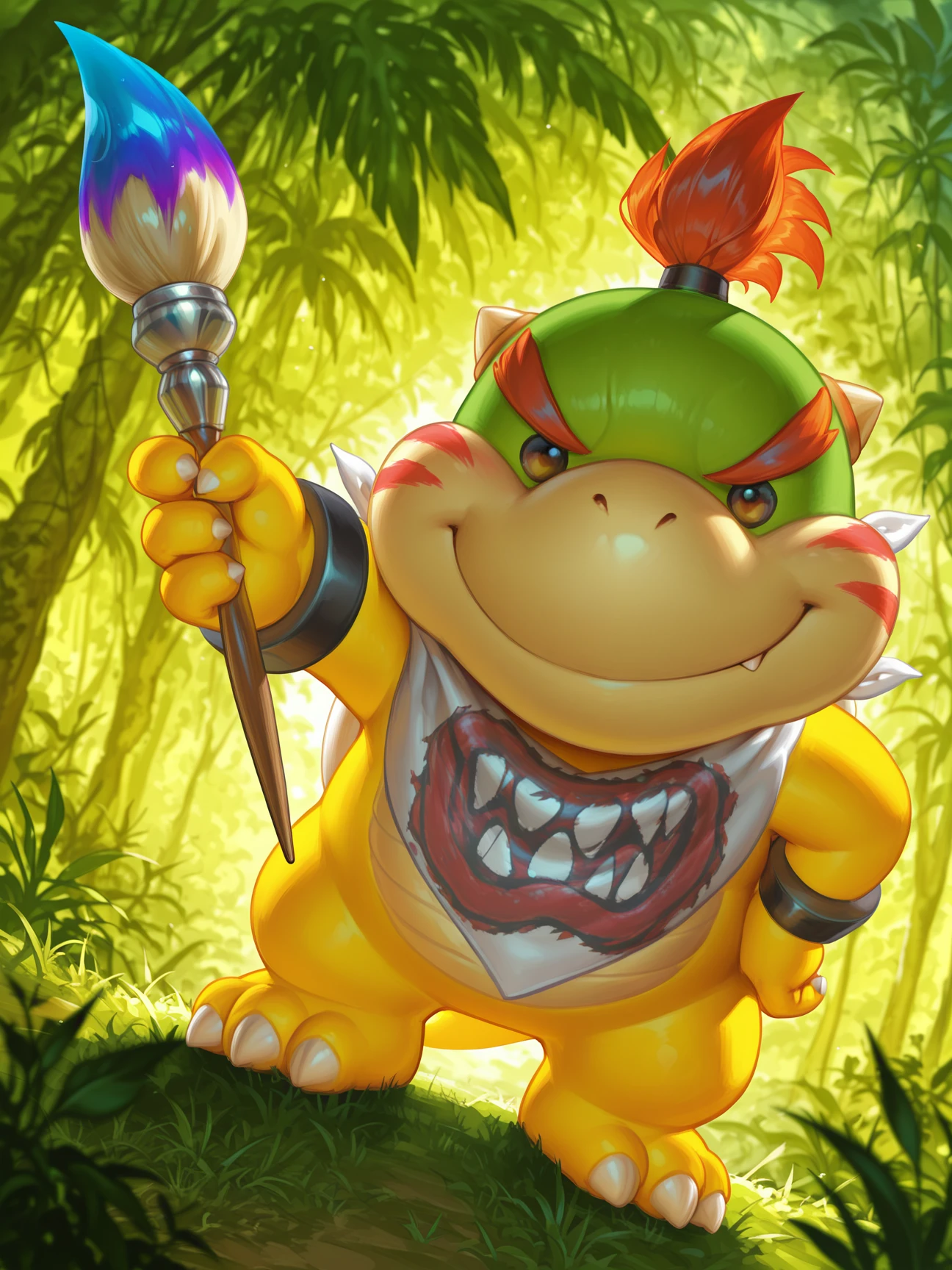 <lora:BowserJrIllustrious-000060:1> BowserJr, shelled, kerchief, bandana, spiked shell, scalie, (dot eyes) koopa, 3 toes, claws BREAK
action pose, outstretched arm, holding paintbrush, dutch angle, smirk, spikes, BREAK on a jungle, tribal, tribe, face paint, necklace, earrings, tribal markings, bodypaint, jewelry , BREAK
<lora:spo_sdxl_10ep_4k-data_lora_webui:1> photorealistic detail, detailed face, detailed eyes, detailed hair, depth of field, cinematic lighting, masterpiece, best quality, very aesthetic, absurdres, highly detailed, high resolution, highres, high detail, detailed background, outstanding, detailed, high resolution, 8K, perfect hands, highres, highres, 4k, 2k, high detail, amazing quality, very aesthetic, absurdres, newest, scenery, ultra-detailed, newest, scenery, painting, artstation,âââ (cinematic shadows), zPDXL3âââ