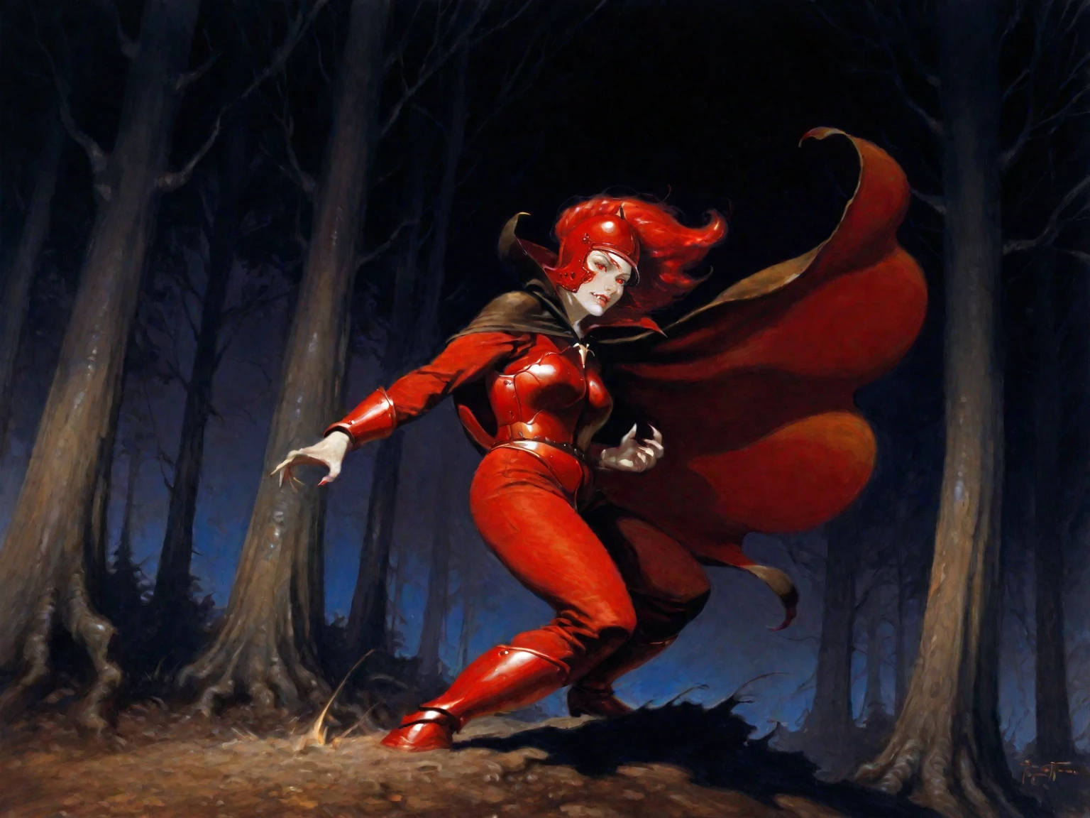 <lora:FrankFrazzetaXLV6:0.15>,
adult woman, vampire, cape, wind, helmet, red armor, red eyes, red hair, forest, battle stance, outdoors, solo, dynamic angle, night,
, 5 fingers, <lora:FrankFrazettaIL_r2:0.7>, traditional media, realistic