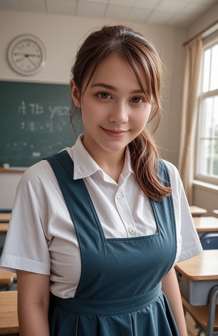 score_8_up,score_7_up,score_6_up,score_5_up,<lora:spo_sdxl_10ep_4k-data_lora_webui:1.7>,zPDXL3,(exquisite score:1.1),photo\(medium\),(realistic:1.2),photorealistic,reality,dynamic photo,incredibly absurdres,highres,detail,intricate detail,detailed,(exquisite:1.1),4k,16k,uhd,depth of field,ray-tracing,dynamic angle,<lora:Pony Realism Slider:1.8>,<lora:add_saturation_XL:0.3>,<lora:add_contrast_XL:-0.5>,<lora:add_brightness_XL:-0.5>,<lora:add_sharpness_XL:0.8>,nsfwupscaler,<lora:BackgroundDetailerV3:0.2>,beautiful simple background,pureerosface_xl,<lora:ALTXLpony_063_8:0.5>,<lora:Expressive_H:0.8>,Expressiveh,perfect eyes,
BREAK 1girl,solo,female focus,huge breasts,ponytail,smile,<lora:msiaschluniPonyV2:0.8>,outfit0001,schlunifull,blue pinafore dress,white shirt,collared shirt,short sleeve,school uniform,indoors,classroom,