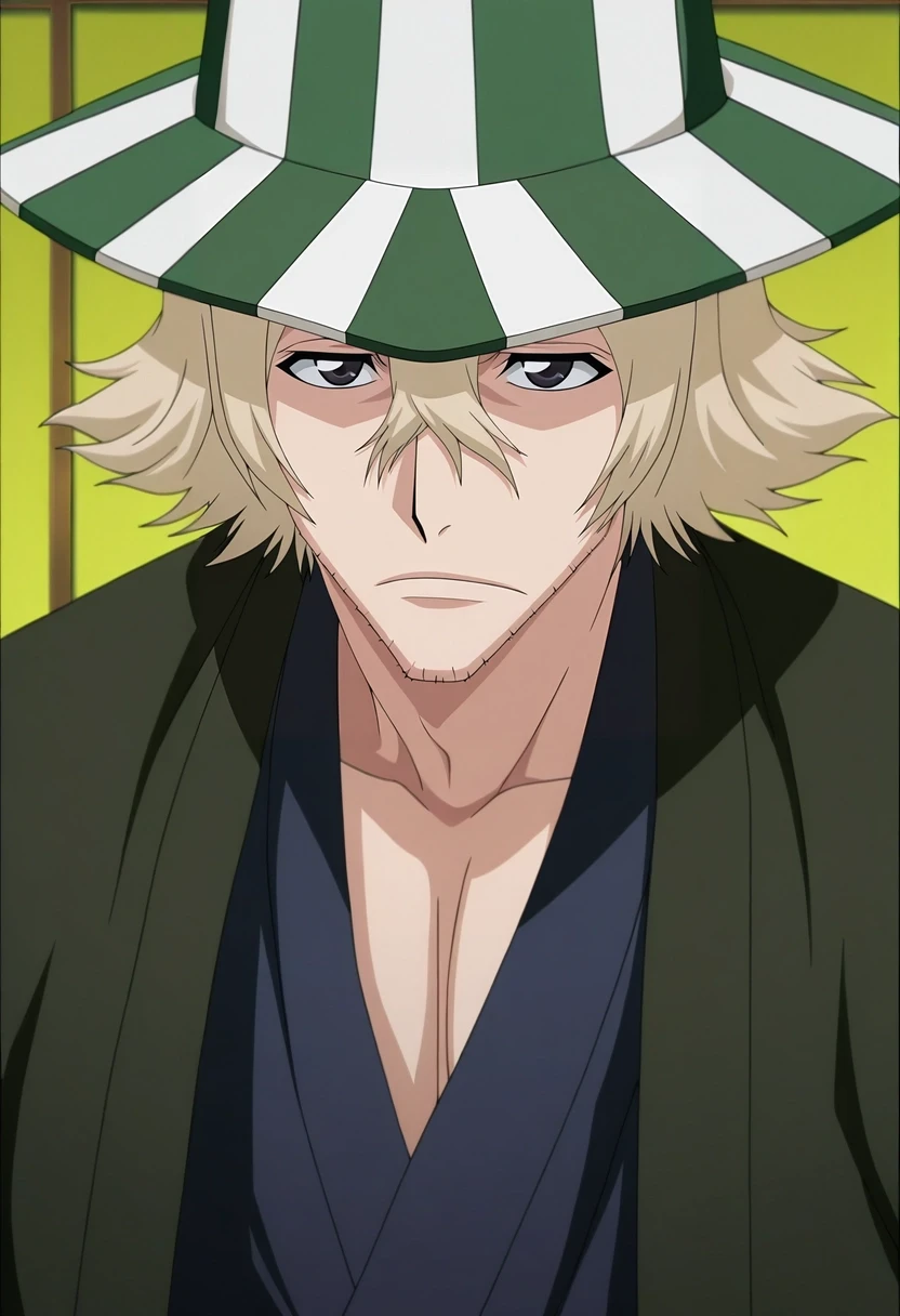 masterpiece, best quality, , anime screencap, , official style, , 1boy, solo, male focus, <lora:kisuke_urahara_ilxl:0.92>, kisuke_urahara, blonde hair, black eyes, short hair, hair between eyes, facial hair, stubble, hat, japanese clothes, upper body,