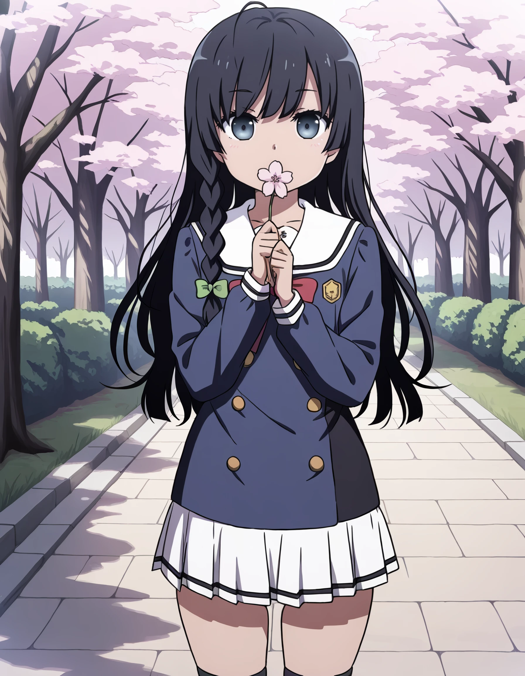 <lora:taiga_sengoku_IL:1> rating:safe, taiga_sengoku, flat_chest, dark_skin, long_hair, black_hair, single_braid, green_bow, hair_bow, blue_eyes, school_uniform, white_sailor_collar, blue_jacket, long_sleeves, red_bow, pleated_skirt, white_skirt, black_socks, black_footwear, 1girl, cherry_blossoms, covering_own_mouth, cowboy_shot, flower, hand_over_own_mouth, holding, holding_flower, looking_at_viewer, solo, (tsuruse:0.8, nori_tamago:0.8), (takahashi_rumiko_\(style\):1.0),, masterpiece, detailed, best_quality