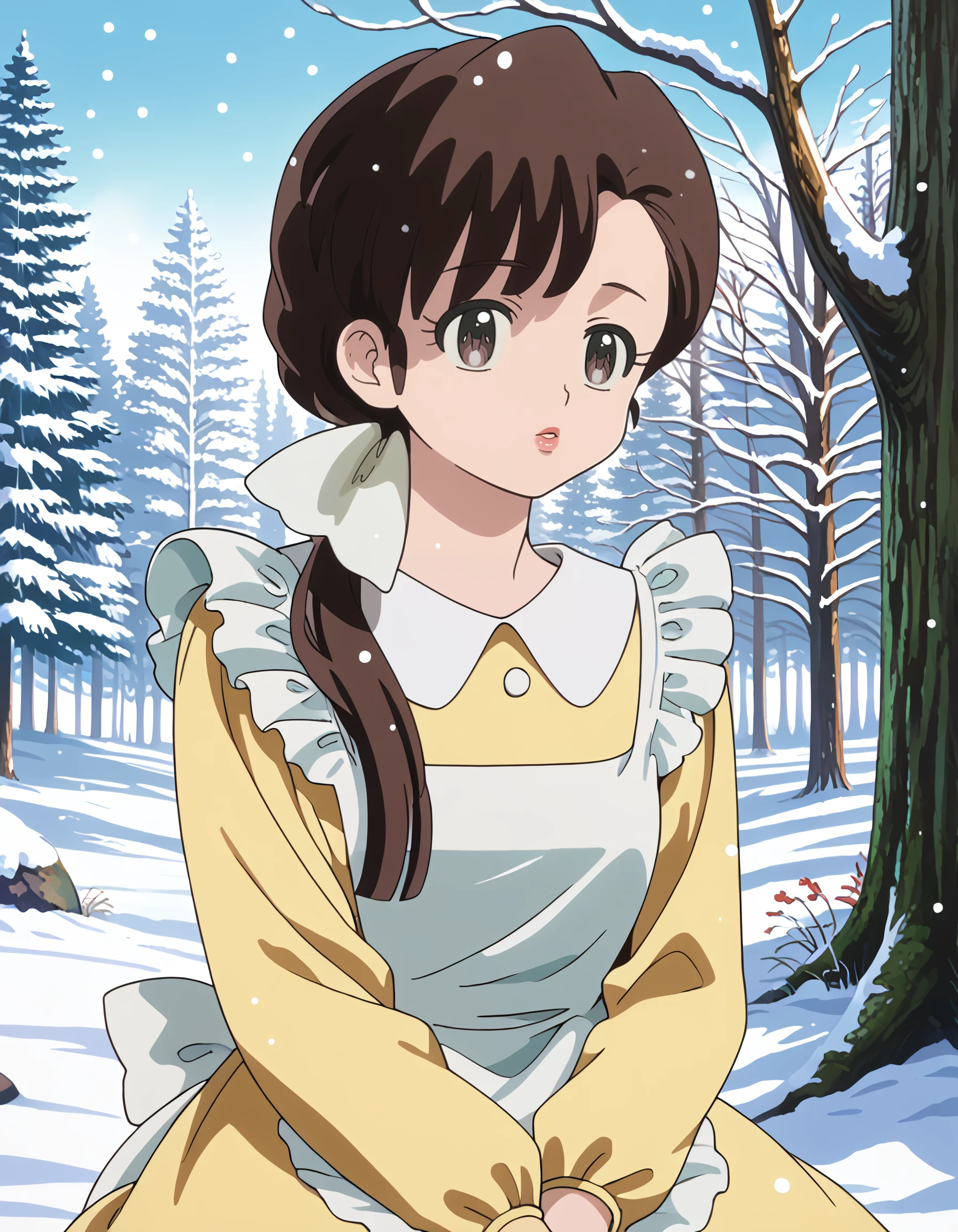 <lora:kasumi_tendou_pony:1> score_9, score_8_up, score_7_up, source_anime, rating:safe, kasumi_tendou, long_hair, brown_hair, ponytail, low_ponytail, white_bow, hair_bow, brown_eyes, long_sleeves, yellow_dress, white_apron, 1girl, crossover, one_eye_covered, red_lips, sitting, snow, snowing, solo, tree, (kouno_\(masao\):1.1), (2000s_\(style\)),, masterpiece, detailed, best_quality