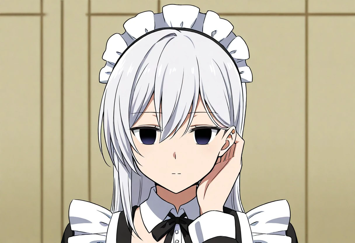 anime, one girl, adult, empty eyes, hypnotized, expressionless, blank expression, long hair, white hair, tucking hair, maid outfit