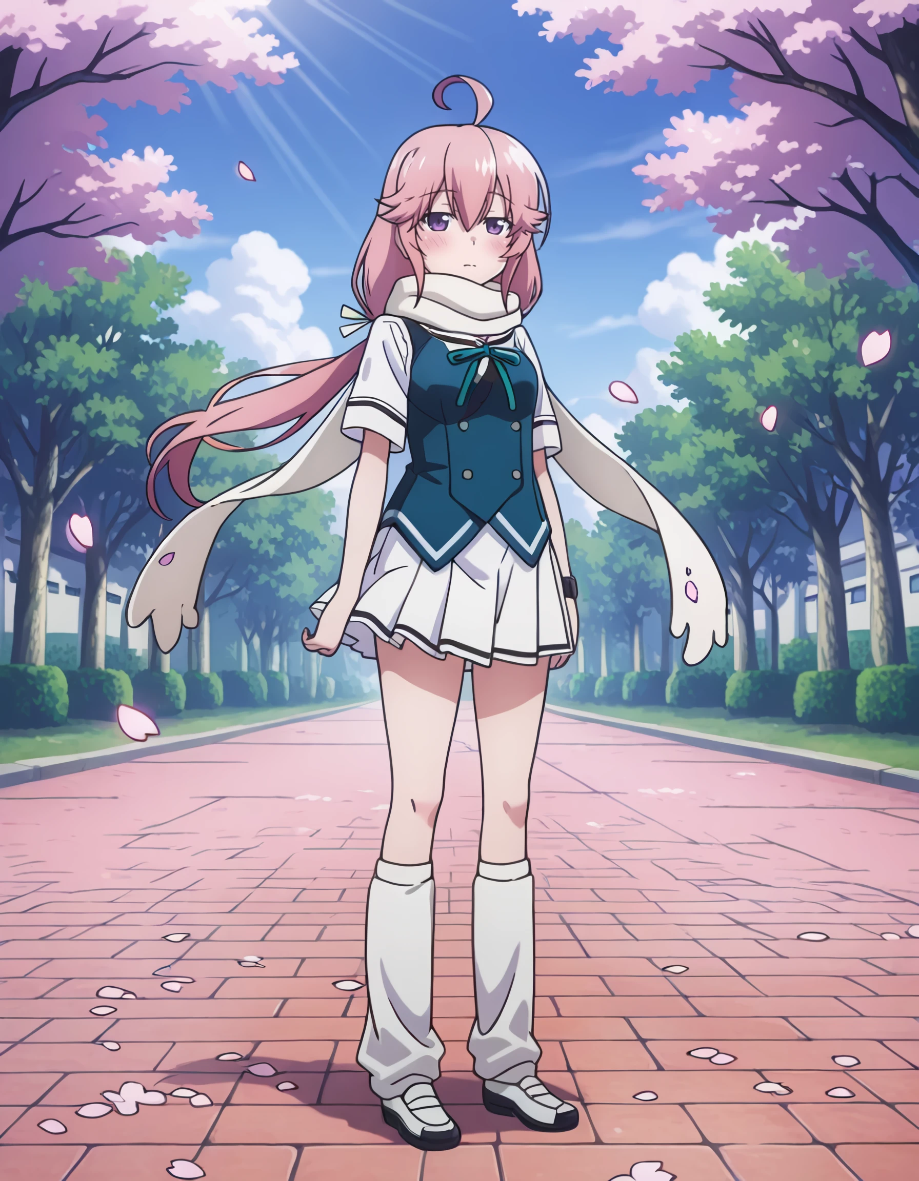 <lora:murasaki_ikoma_IL:1> rating:safe, murasaki_ikoma, pink_hair, ahoge, hair_between_eyes, purple_eyes, white_scarf, school_uniform, short_sleeves, white_shirt, vest, green_ribbon, white_skirt, pleated_skirt, loose_socks, shoes, 1girl, blush, cherry_blossoms, full_body, looking_at_viewer, petals, solo, standing, star_\(symbol\), white_background, lens_flare, floating_hair, floating_clothes, masterpiece, detailed, best_quality