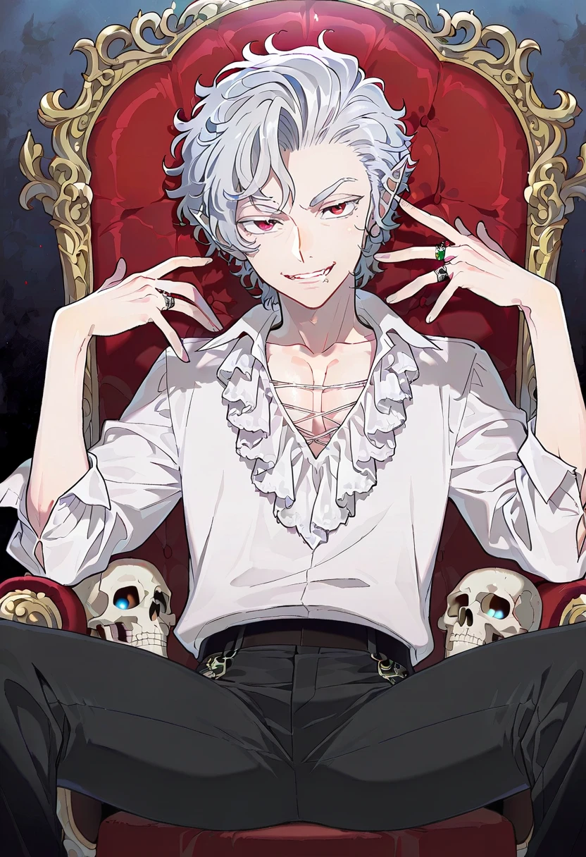 astarion, red eyes, 1boy, male focus, vampire, pointy ears, solo,  fangs, mole, sitting, skull, smile, ring, looking at viewer, grey hair, throne, pants, shirt, kiri futoshi