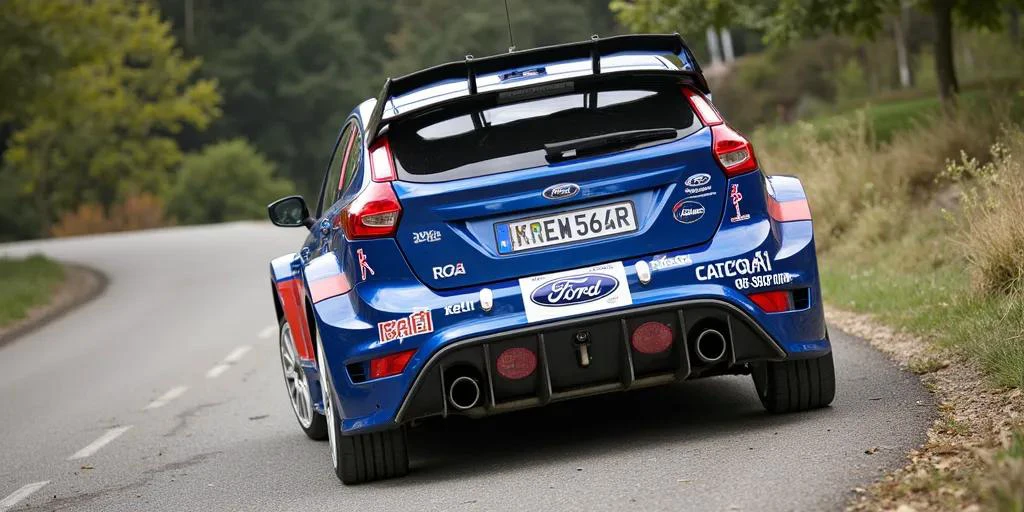 2009 Ford Focus RS WRC rally car driving, back side view