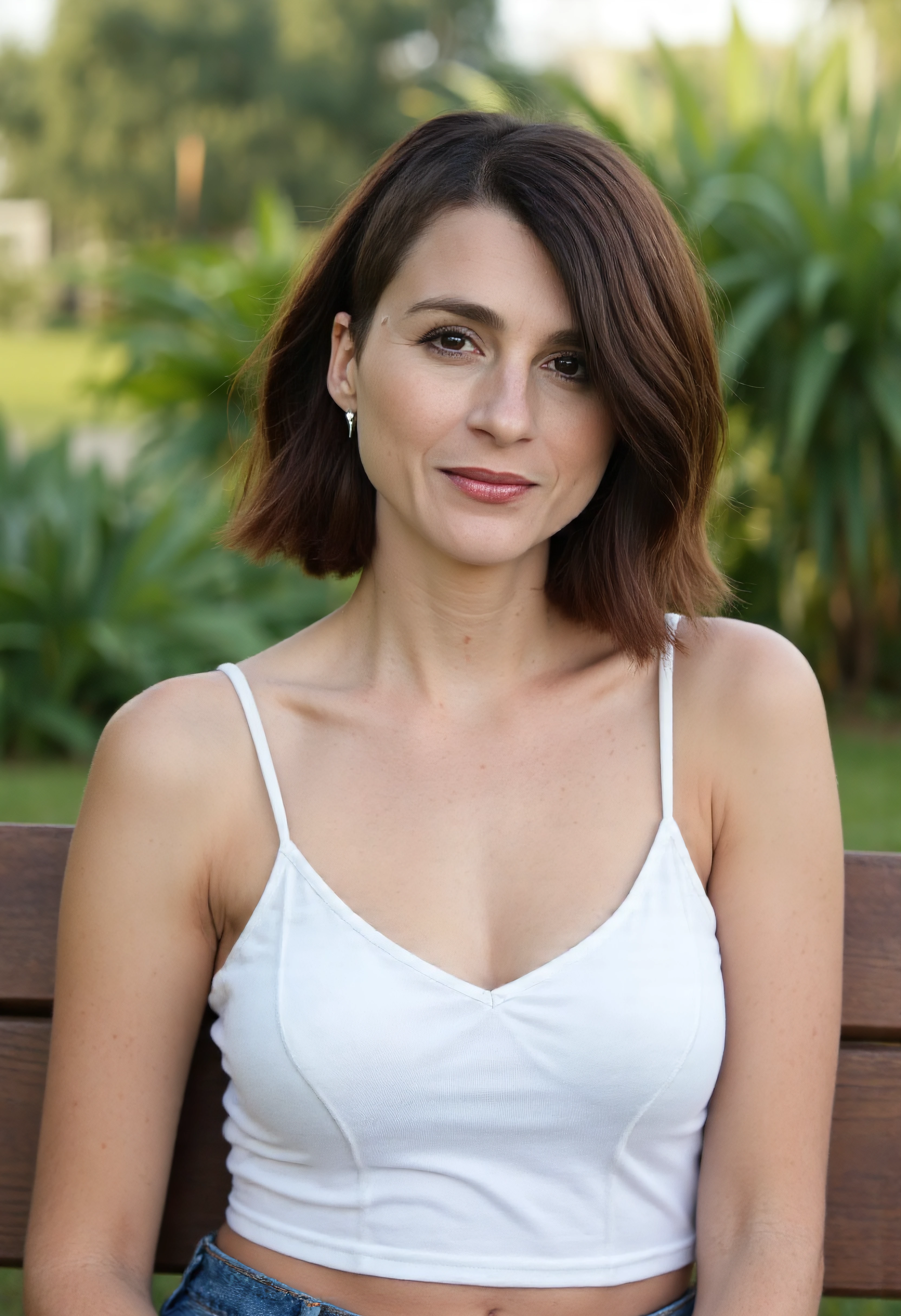 The image is a portrait of stormfront woman posing for a photo ,She has brown sidecut hair,She is wearing a white tank top.She is outdoors sitting in a bench. Upper body photo. She is looking at viewer. Amateur photography.She has a subtle smile.
