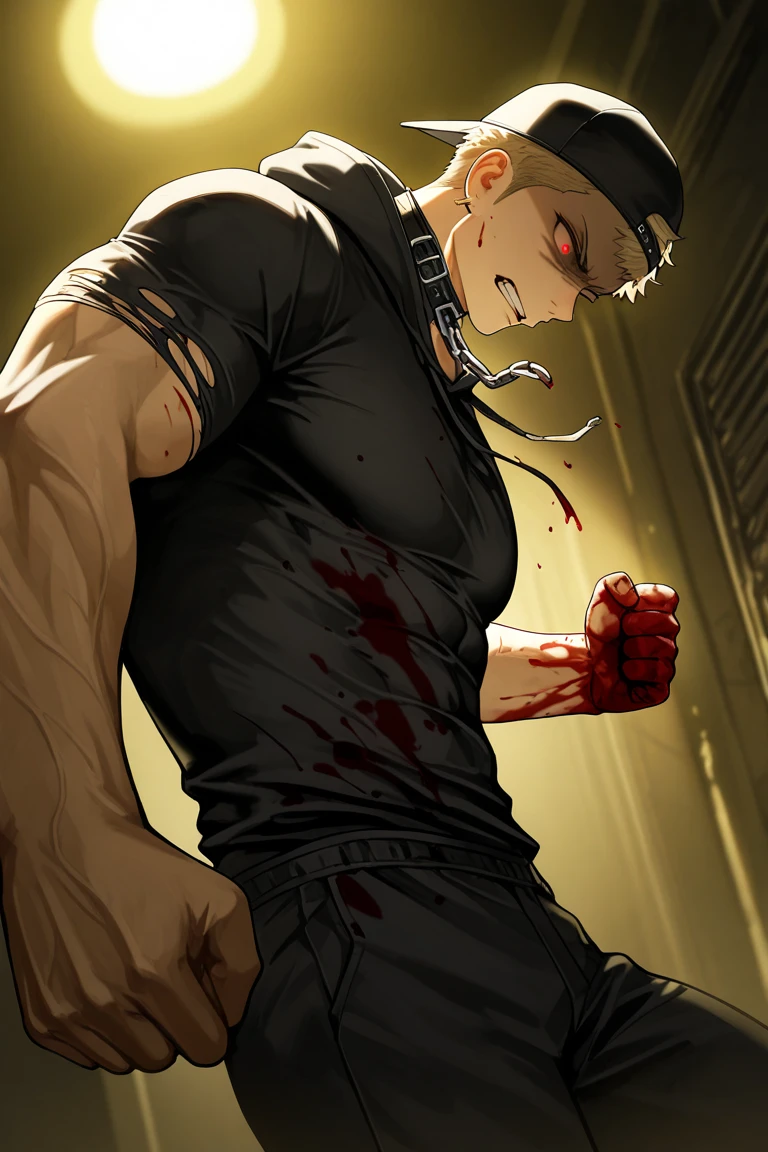 Captured soldier, covered in blood, covered in white liquid, expression collapsed, kneeling on the ground, muscular, teenager, short black hair, naked, rags blocking genitals, large pectorals, humiliation, hands tied behind his back, bound by chains, forced to drink urine by the enemy, single, single, expression of despair, close-up of hips, close-up of crotch, running water, wet all over, mouth open to breath