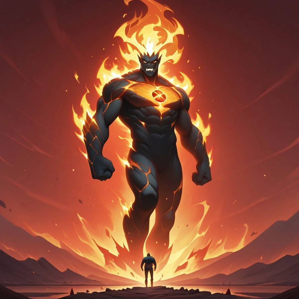 masterpiece, best quality, newest, absurdres, highres, anime, anime style, 1boy, FireelementalIL.V1-male, LivingFlameIL.V1.0-male, monster, monster boy, giant,