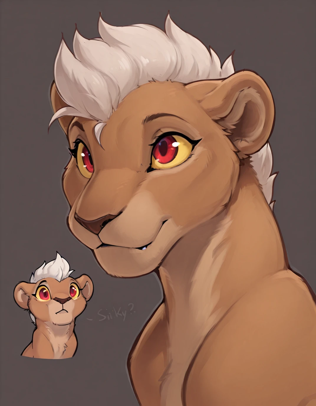 zaush,
masterpiece, best quality,
feral, solo, silky(elicitie), lioness, white hair, pixie cut, red eyes, yellow sclera, white hair, pixie cut, portrait, close-up, (chibi:1.3), 
<lora:Silky_the_Lioness_-_Elicitie_Illustrious-000010:0.9>