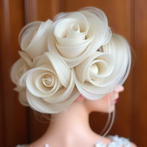 Midshot rear view photograph of A bride with a artistic updo, side angle. Platinum-blonde hair arranged into multiple conical spirals at the crown, each one reminiscent of a sculpted rose petal. The top sections are lifted and pinned, while fine strands fan outward, revealing subtle variations in the platinum hue. A series of tiny, translucent beads is scattered among the swirls, reflecting light from different angles. The underside near the nape appears slightly darker, suggesting a gradient from pale blonde to sandy undertones. A wooden backdrop in warm brown tones adds contrast to the cool blonde color. The camera captures the style from one side, emphasizing the neatly rolled coils and the gentle shine on each spiral.