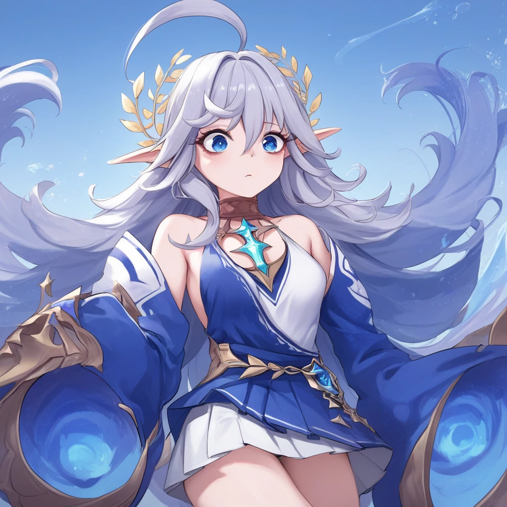 Ethereal girl, long white hair, aqua and white dress, graceful pose, mythical creature, flowing outfit, magical abilities, one with nature, powerful yet serene, princess, pointed ears, barefoot, mythological, connected to elements, celestial being, wise eyes, ancient lineage