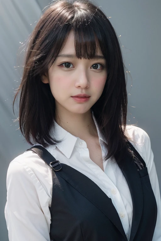 masterpiece, best quality, ultra-detailed, ultra high res, (photorealistic:1.4), raw photo, (realistic:0.2), 8k HDR, bright realistic lighting, 1girl, solo, looking at viewer, asymmetrical hair, (detailed pores), (detailed skin textures), (detailed face), (simple gray background :1.2), (upper body:1.3), black suits, white collared shirts, black pants,