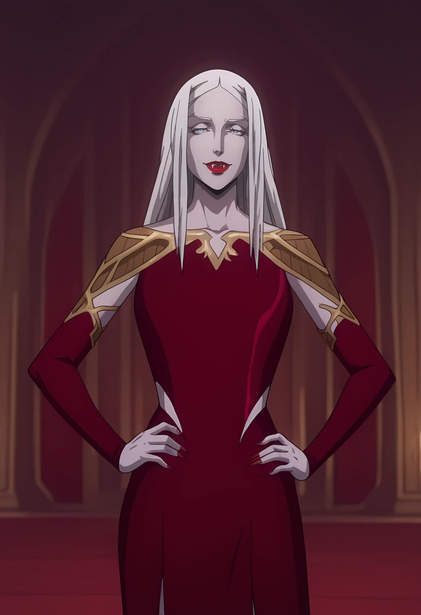 zPDXL, score_9, score_8_up, score_7_up, 1girl, solo, rcklgnd, mature woman, small breasts, very long hair, grey hair, feminine, scars, facial scar, lipstick, makeup, bedroom eyes, full body, looking at viewer, standing, evil, baroness, elegant clothes,