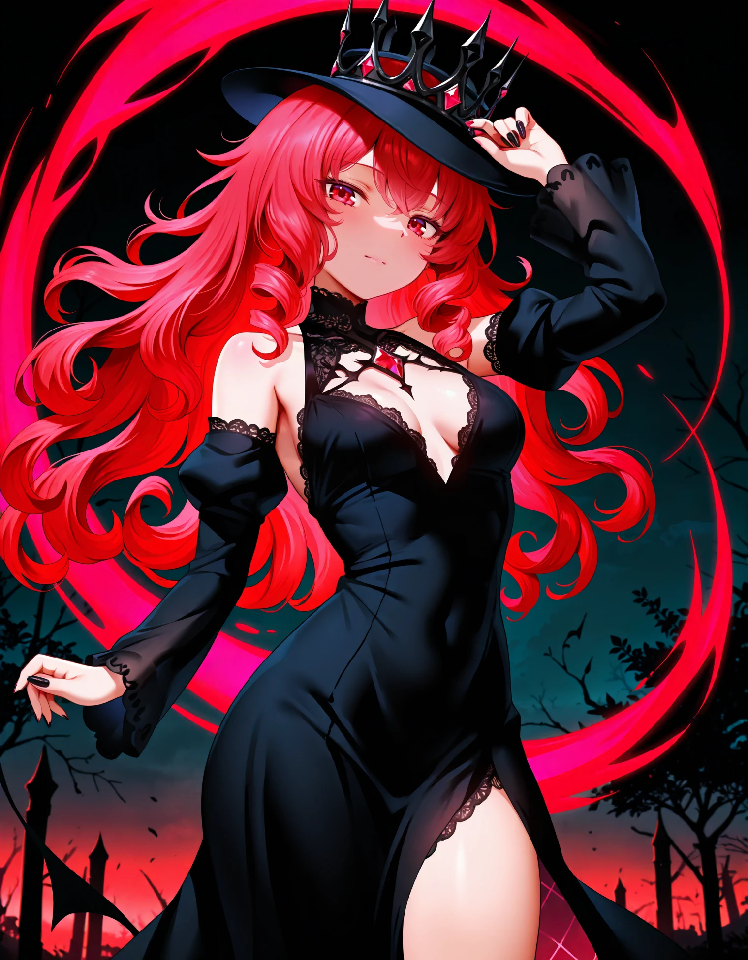  Mdastarou, 1girl, solo, red hair, red eyes, curly hair, black dress, lace, lace trim, adjusting headwear, standing, black crown, black roses, outdoors, dark background, demon magic, magia record: mahou shoujo madoka magica gaiden,