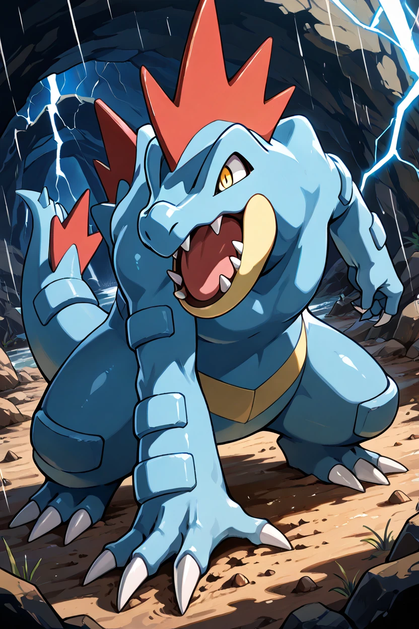 masterpiece, best quality,  zzferaligatr, claws, yellow eyes, sharp teeth, roaring amidst a raging storm, lightning illuminating its massive frame, rain cascading down its powerful body, claws digging into rocky terrain, windswept waves crashing in the background     ,<lora:FeraligatrPokedexIXL:1.0>,