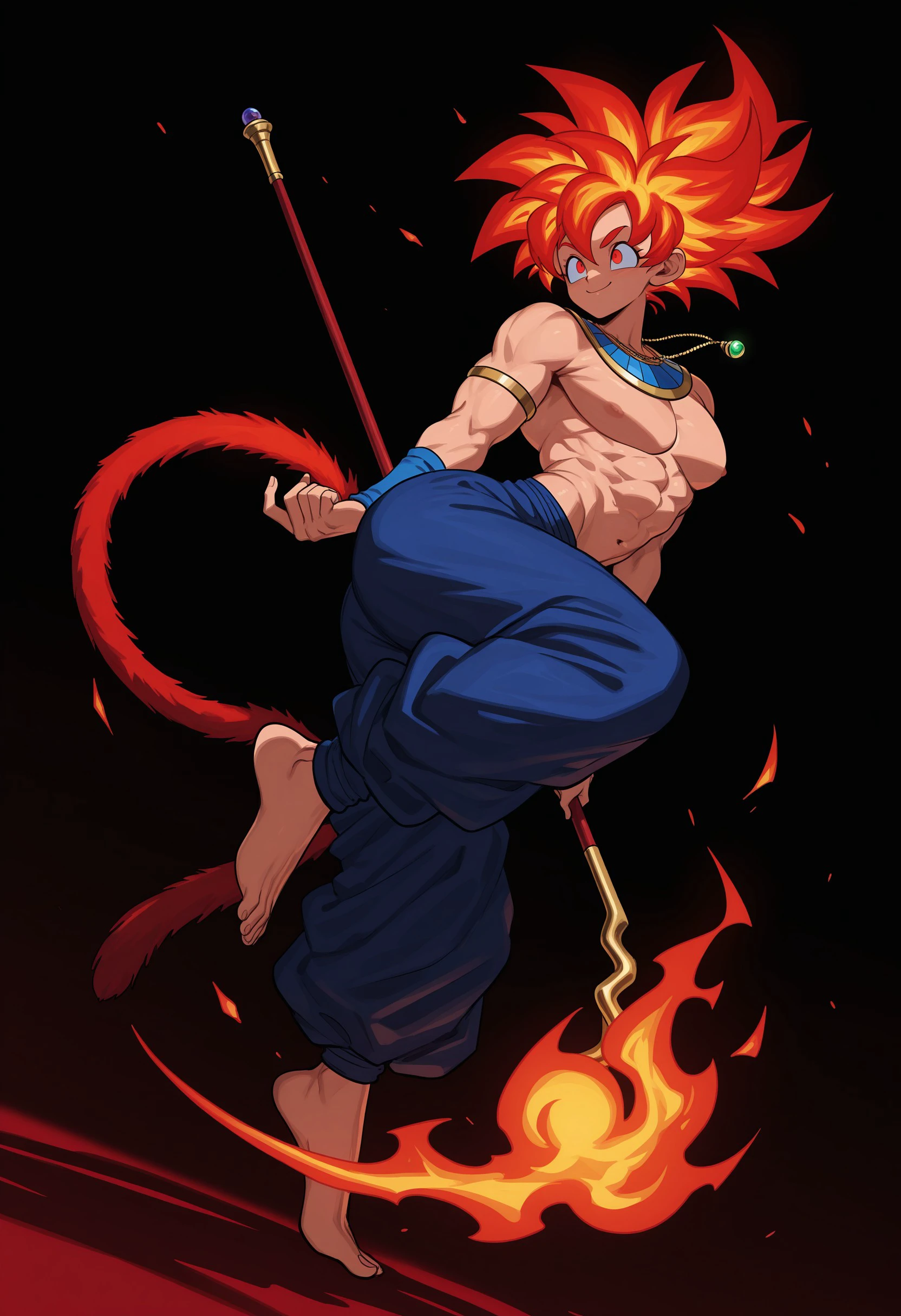 (masterpiece), best quality, expressive eyes, (best quality, ultra-high res), (intricate details), dynamic pose, (sharp focus), dutch angle, black background
1boy, male_focus, (son goku:1.2), solo, jewelry, red_hair, fiery hair, fire, spiked_hair, (red_eyes:1.3), barefoot, smile, baggy pants, blue pants, large_pectorals, monkey tail, fiery tail, abs, full_body, topless_male, muscular, muscular_male, super saiyan god, necklace, staff, bracelet, ancient egyptian clothes, armlet, standing on one leg, toned, from side, contrapposto, arched back
by nanika /(nnkgh/), by nanika /(nnkgh/), , <lora:9ae4b06d-95ee-43cd-b9ce-61473040c875:0.9>