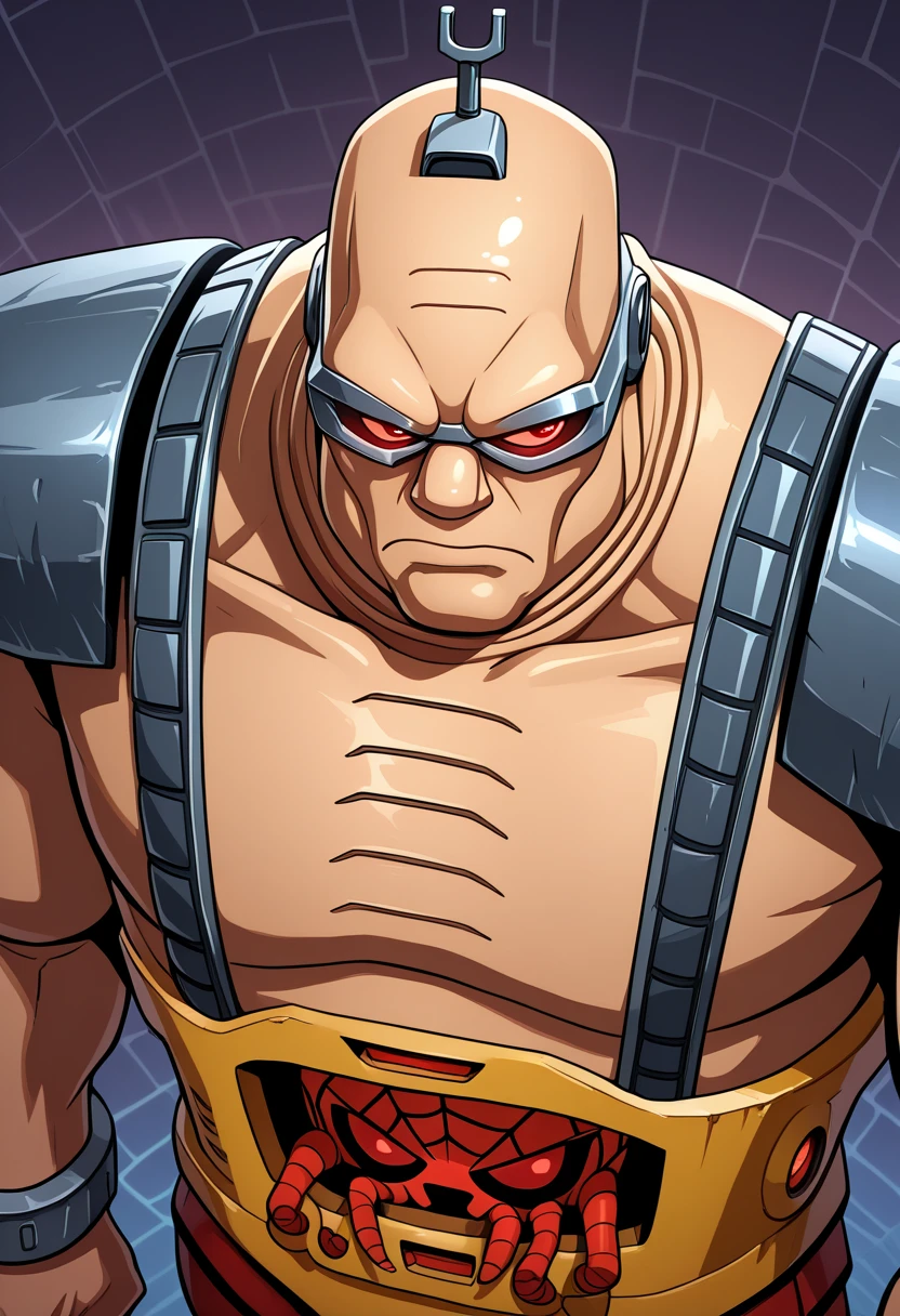 krang_android, male focus, muscular, bald, shoulder pads, red eyes, solo, 1man, from above, upper body, bald, spiderman