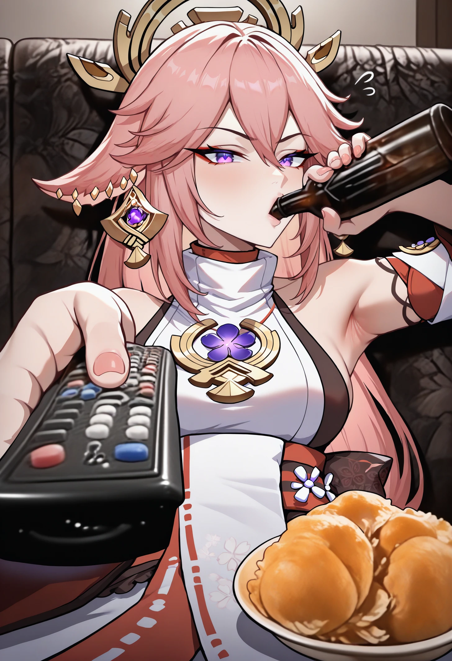 masterpiece, best quality, newest, absurdres, highres, 1girl, sitting, holding bottle, holding remote control, controller, on couch, drinking, looking at viewer, food,
<lora:ManWatchingTVMeme_illusXLNoobAI_Incrs_v1-000012:1>, yae miko,