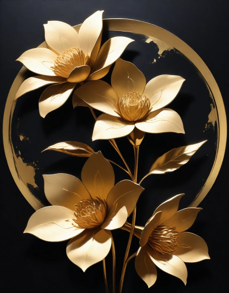best quality, absurdres, masterpiece, <lora:Silhouette_with_Gold_Foil_v1_IL-06:1>, silhouette_with_gold_foil, abstract, metallic shine, flower, no humans