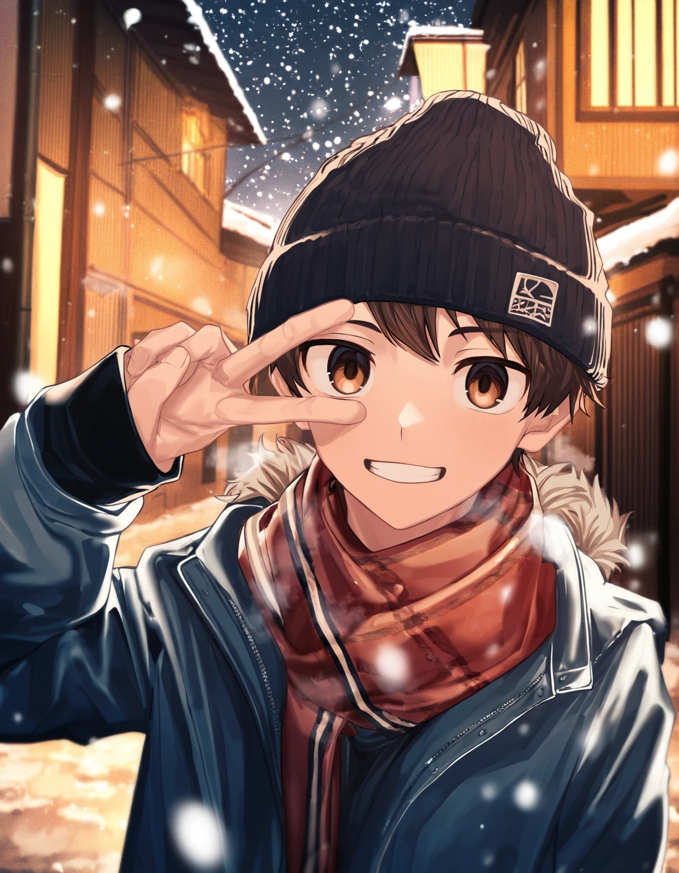 masterpiece, nayoshi-style, film grain, outdoors, winter, night, street, wooden buildings, snowing, 1boy, solo, brown hair, brown eyes, jacket, scarf, beanie, grin, v over eye <lora:nayoshi-naixl-v5Nb-ShoAI:1>