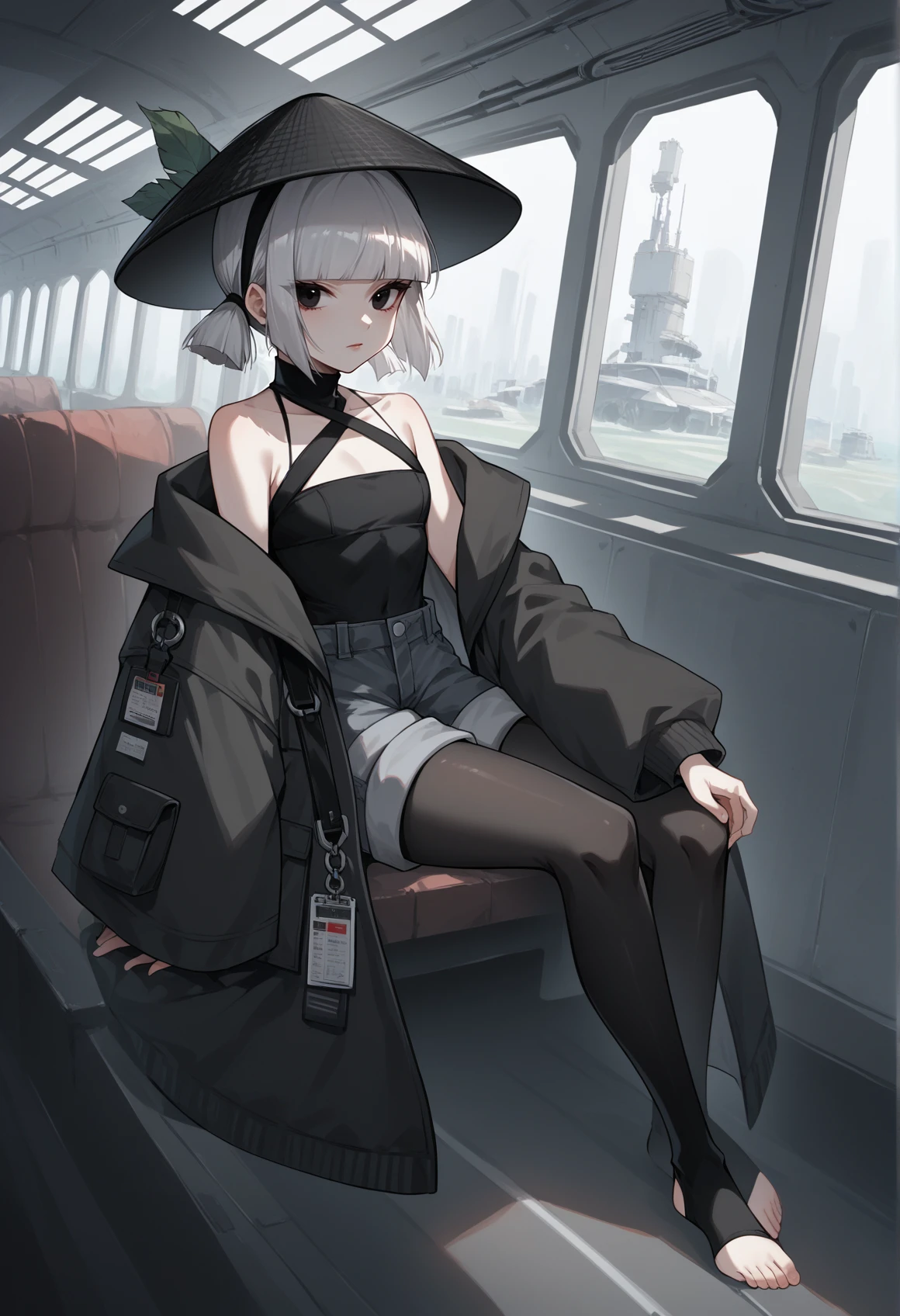 1girl, solo, indoors, spacecraft interior, pale skin, short hair, grey hair, black eyes, bob cut, low twintails, official alternate costume, bare shoulders, coat, off shoulders, shorts, pantyhose, toeless legwear, black hat, large hat <lora:Komahime_pony_v2:1>, score_9, score_8_up, score_7_up, score_6_up, score_5_up, score_4_up, BREAK source_anime, masterpiece